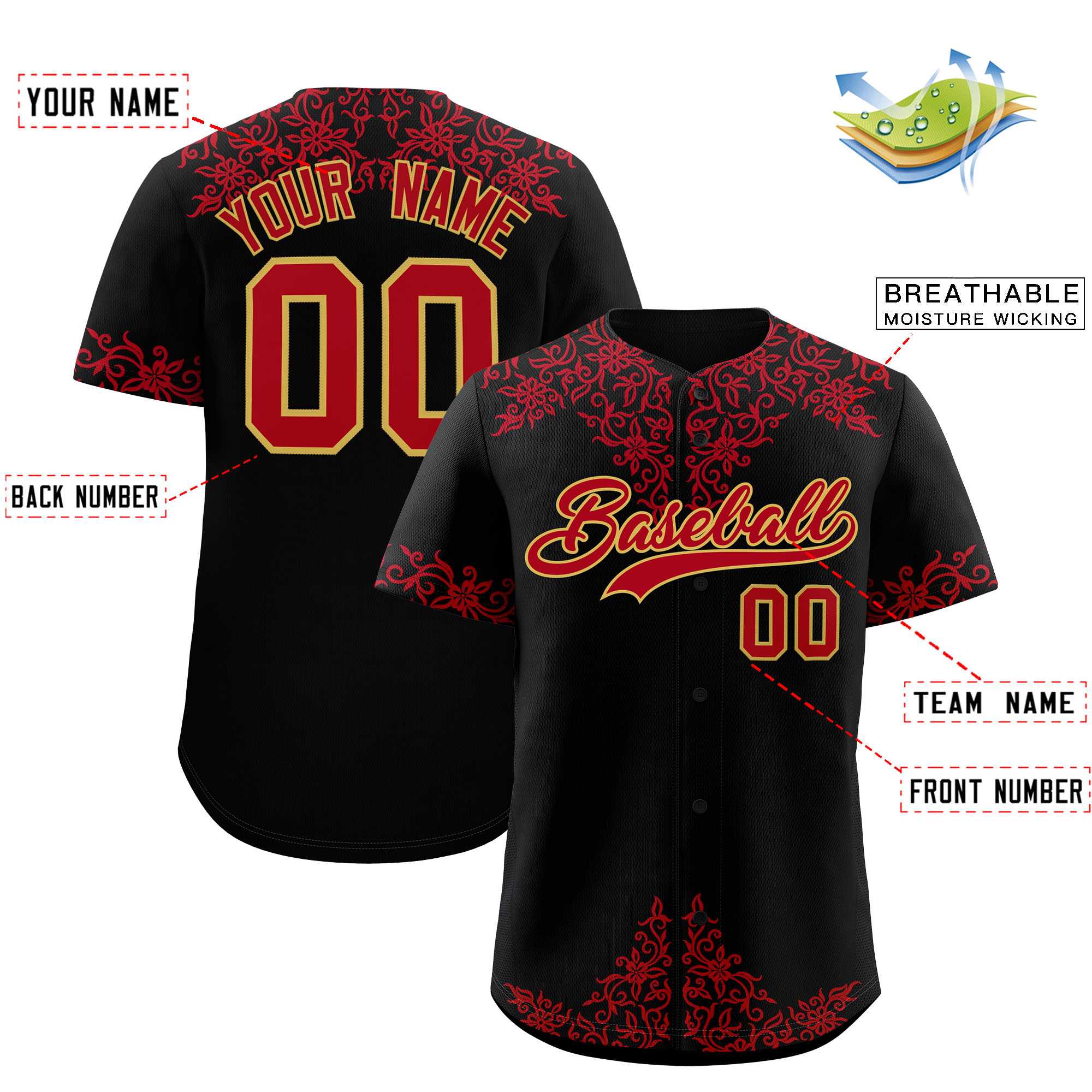 Custom Black Red Baroque Style Personalized Baseball Jersey| KXKSHOP