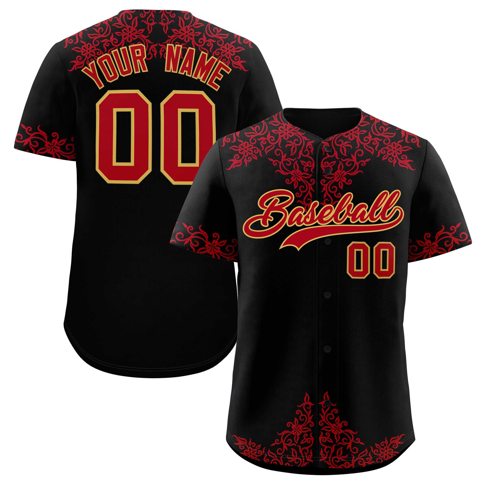 Custom Black Red Baroque Style Personalized Baseball Jersey| KXKSHOP