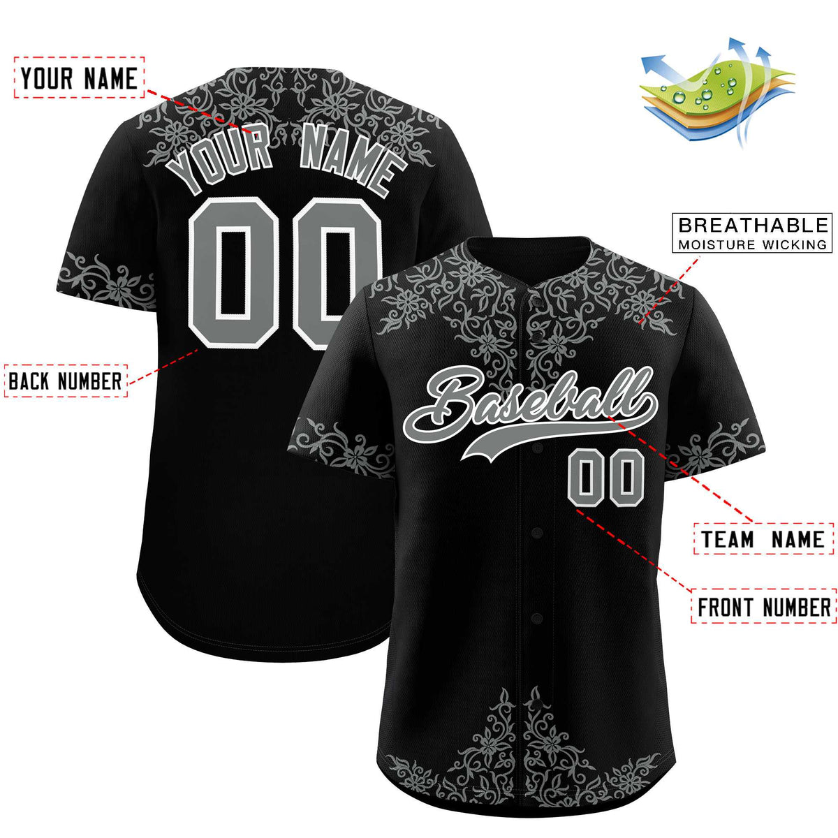 Custom Black Gray Baroque Style Personalized Baseball Jersey| KXKSHOP