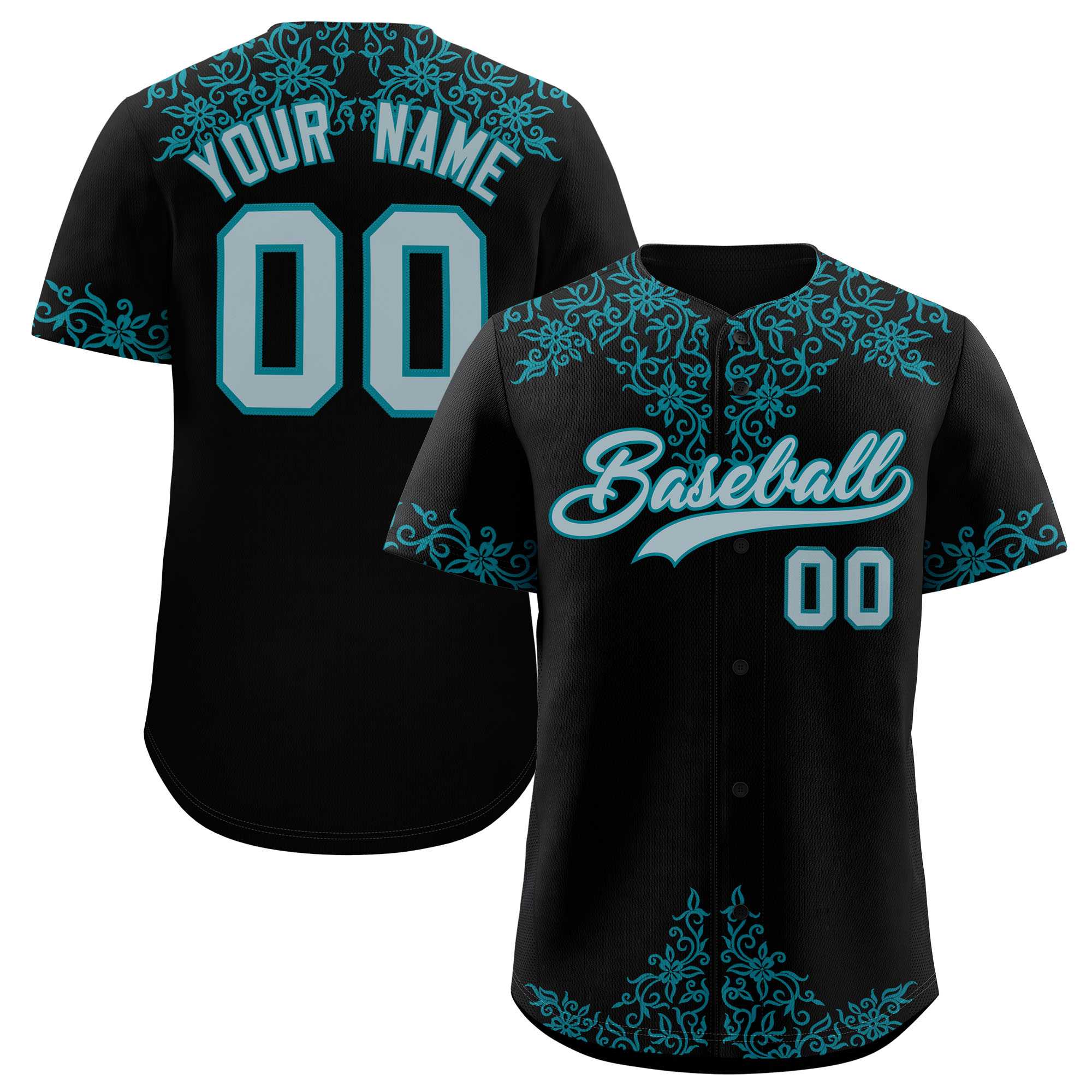 Custom Black Teal Baroque Style Personalized Baseball Jersey| KXKSHOP