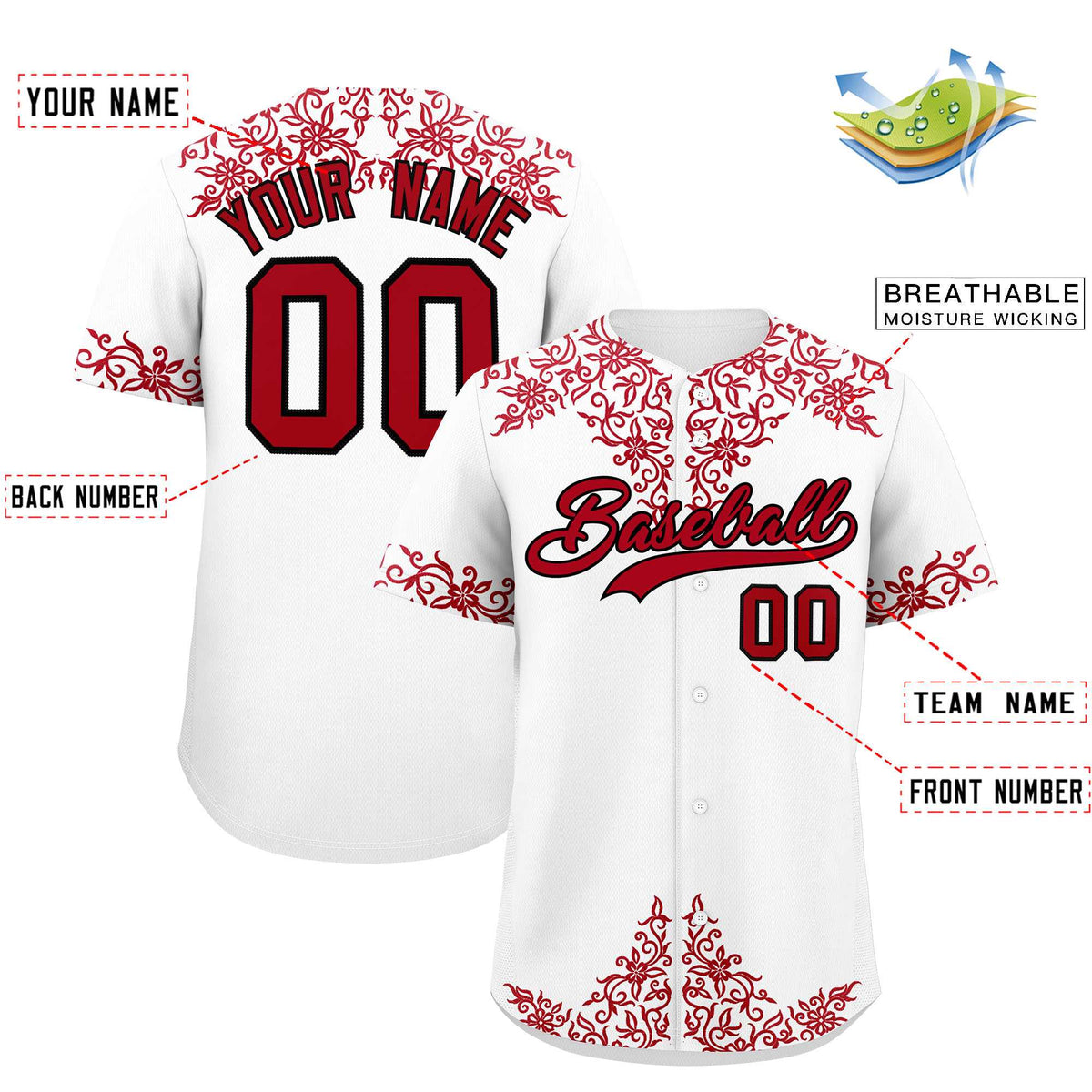Custom White Red Baroque Style Personalized Baseball Jersey| KXKSHOP