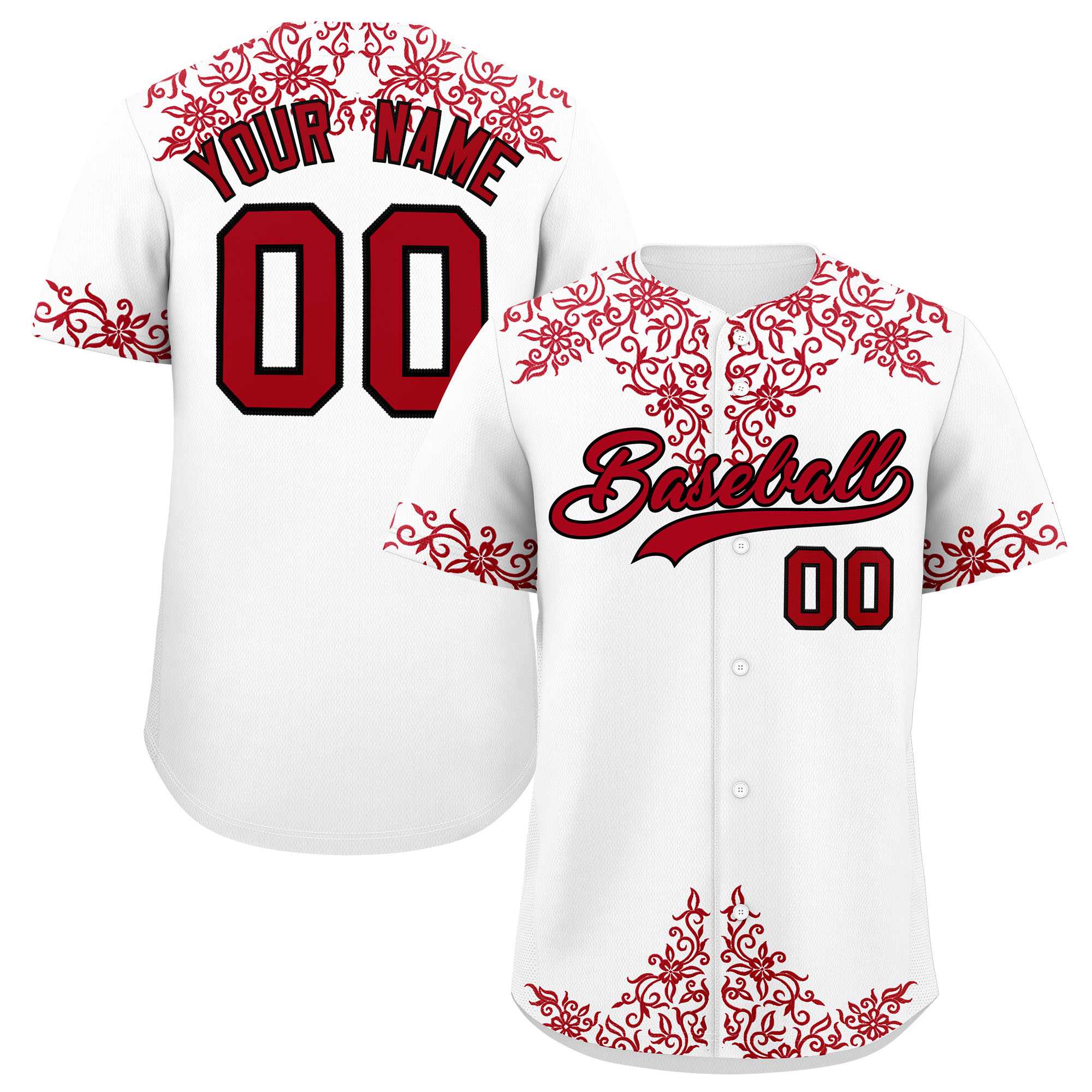Custom White Red Baroque Style Personalized Baseball Jersey| KXKSHOP