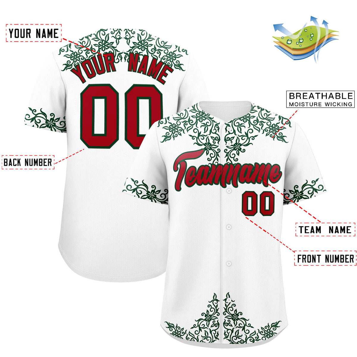 Custom White Green Baroque Style Personalized Baseball Jersey| KXKSHOP