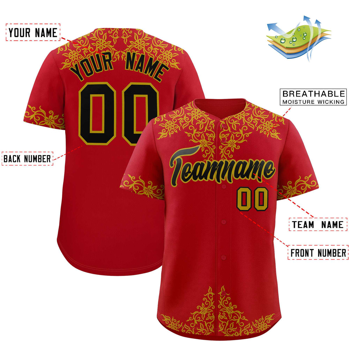 Custom Red Old Gold Baroque Style Personalized Baseball Jersey| KXKSHOP