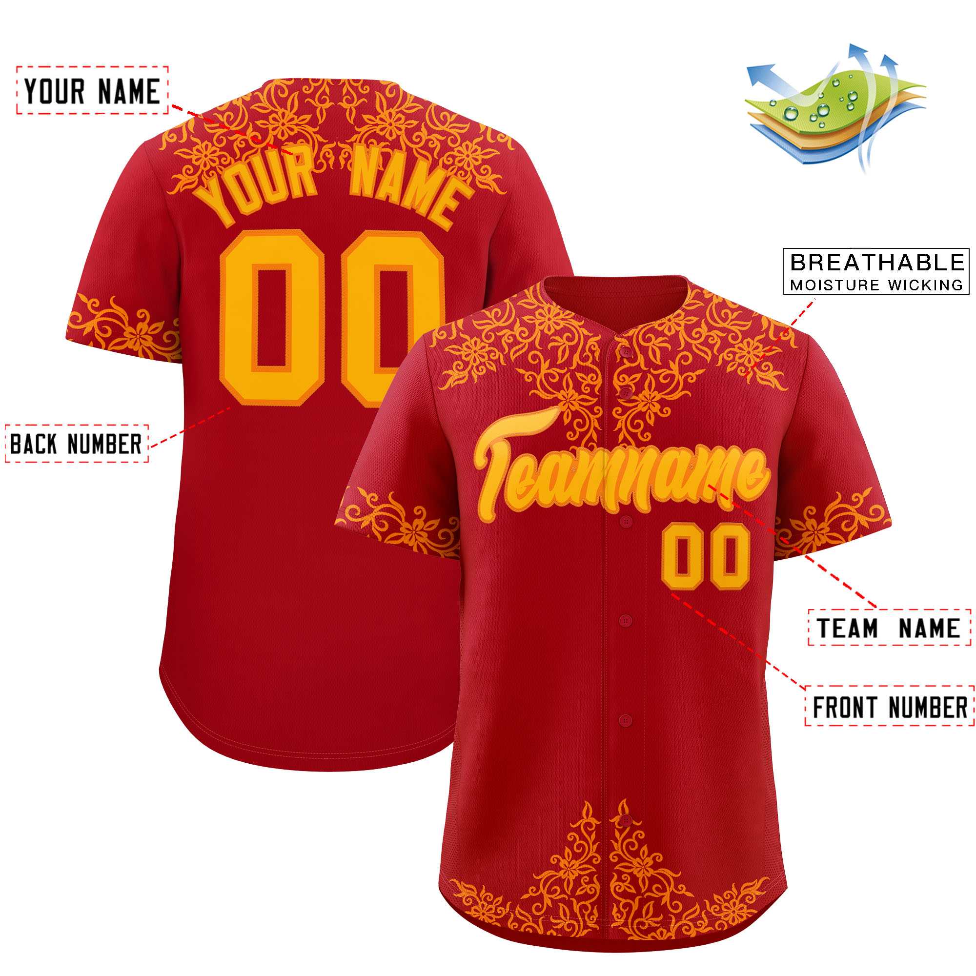 Custom Red Yellow Baroque Style Personalized Baseball Jersey| KXKSHOP