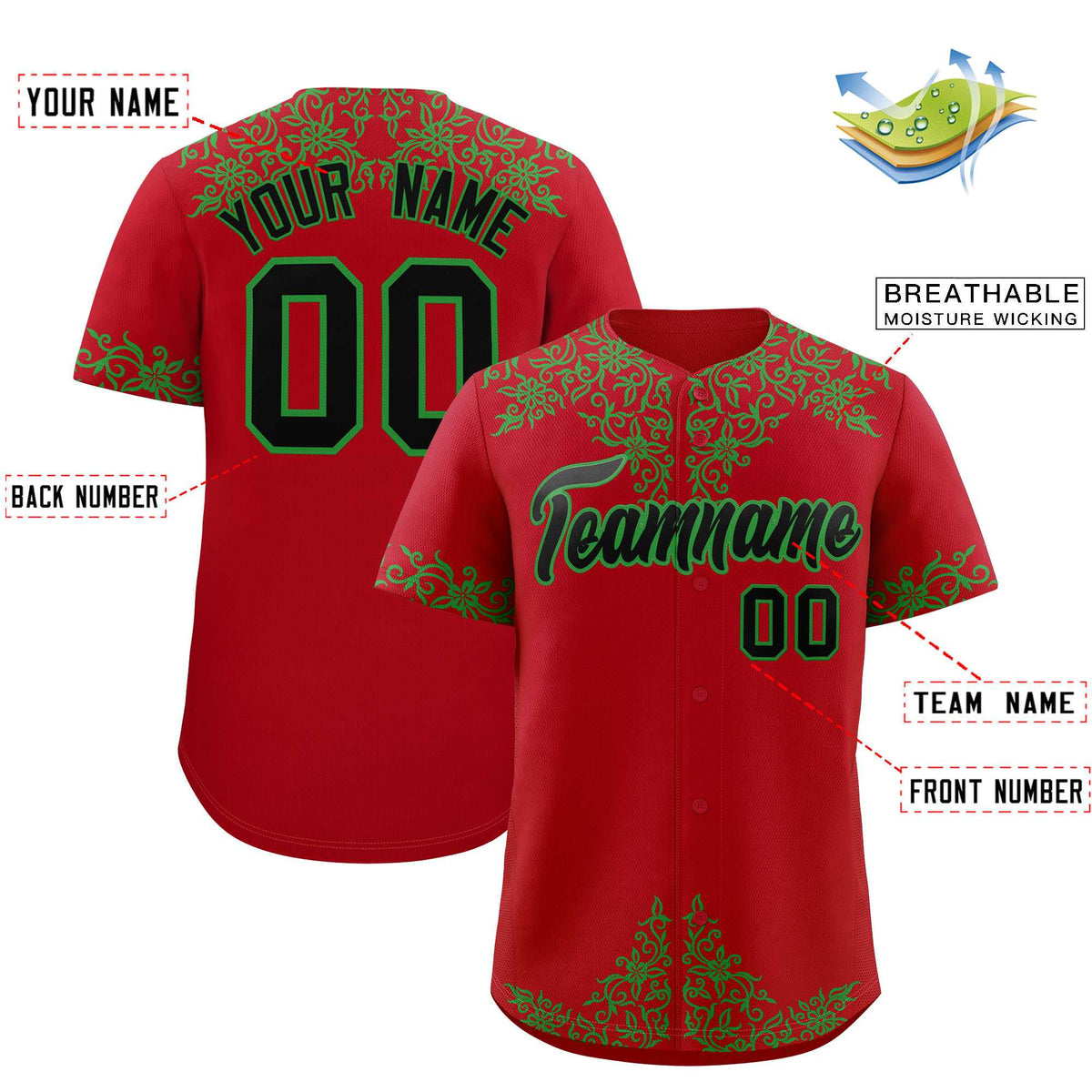Custom Red Kelly Green Baroque Style Personalized Baseball Jersey| KXKSHOP
