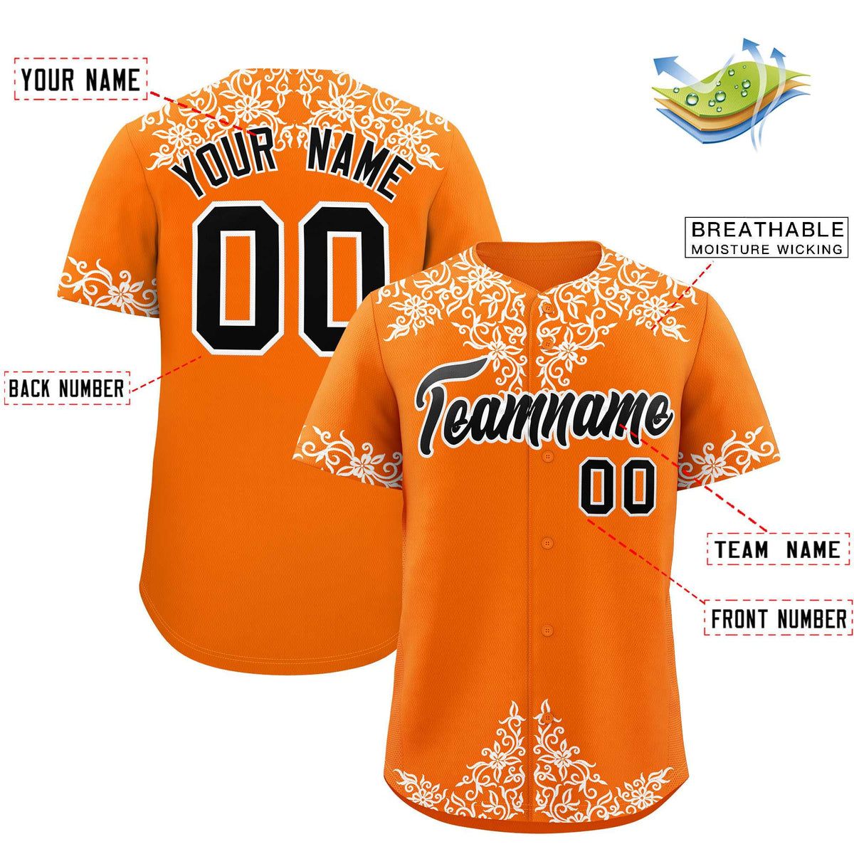 Custom Orange White Baroque Style Personalized Baseball Jersey| KXKSHOP