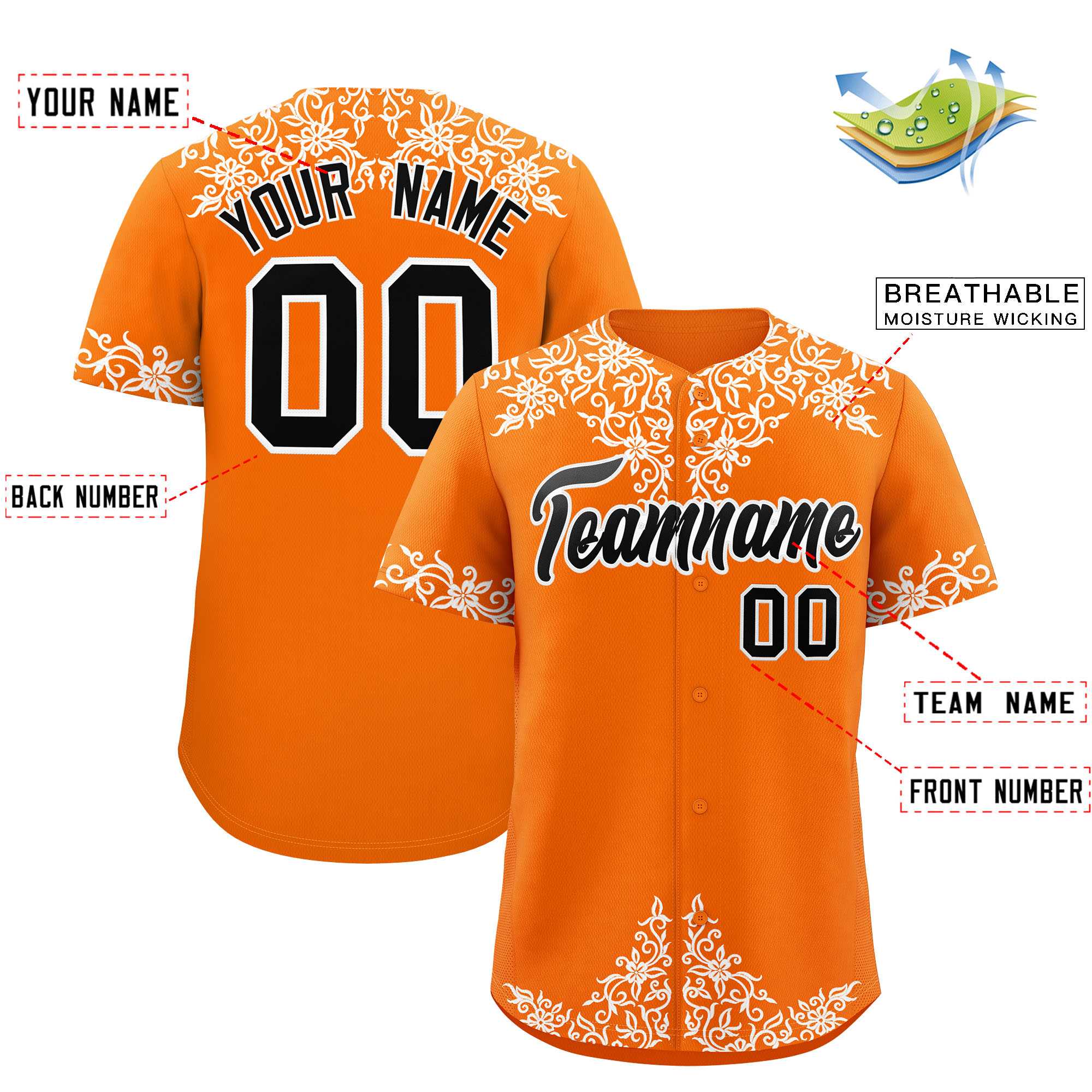 Custom Orange White Baroque Style Personalized Baseball Jersey| KXKSHOP