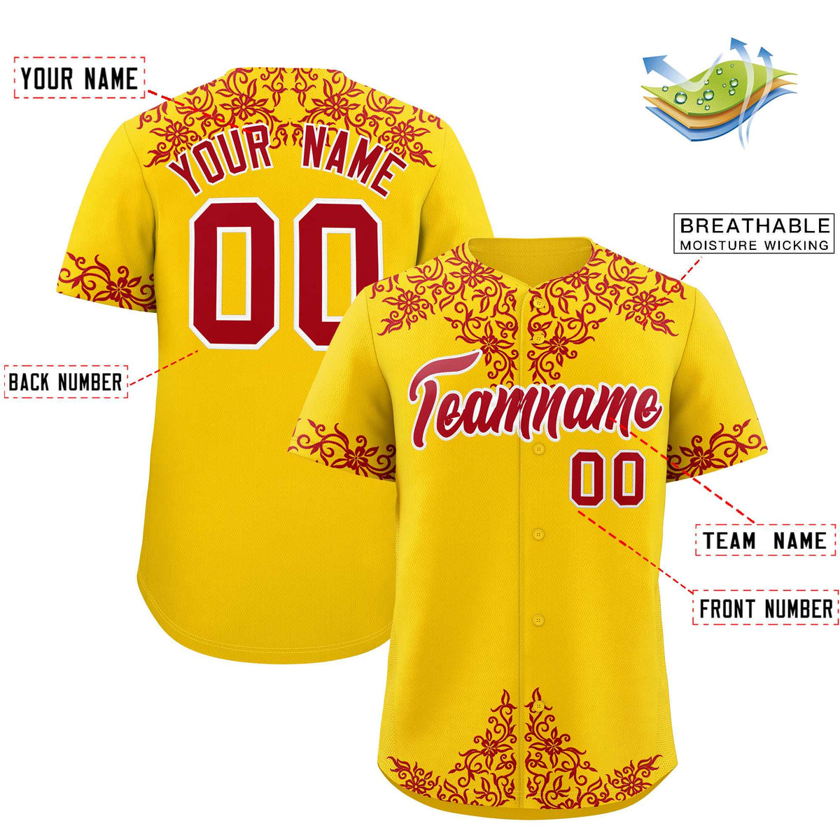 Custom Gold Red Baroque Style Personalized Baseball Jersey| KXKSHOP