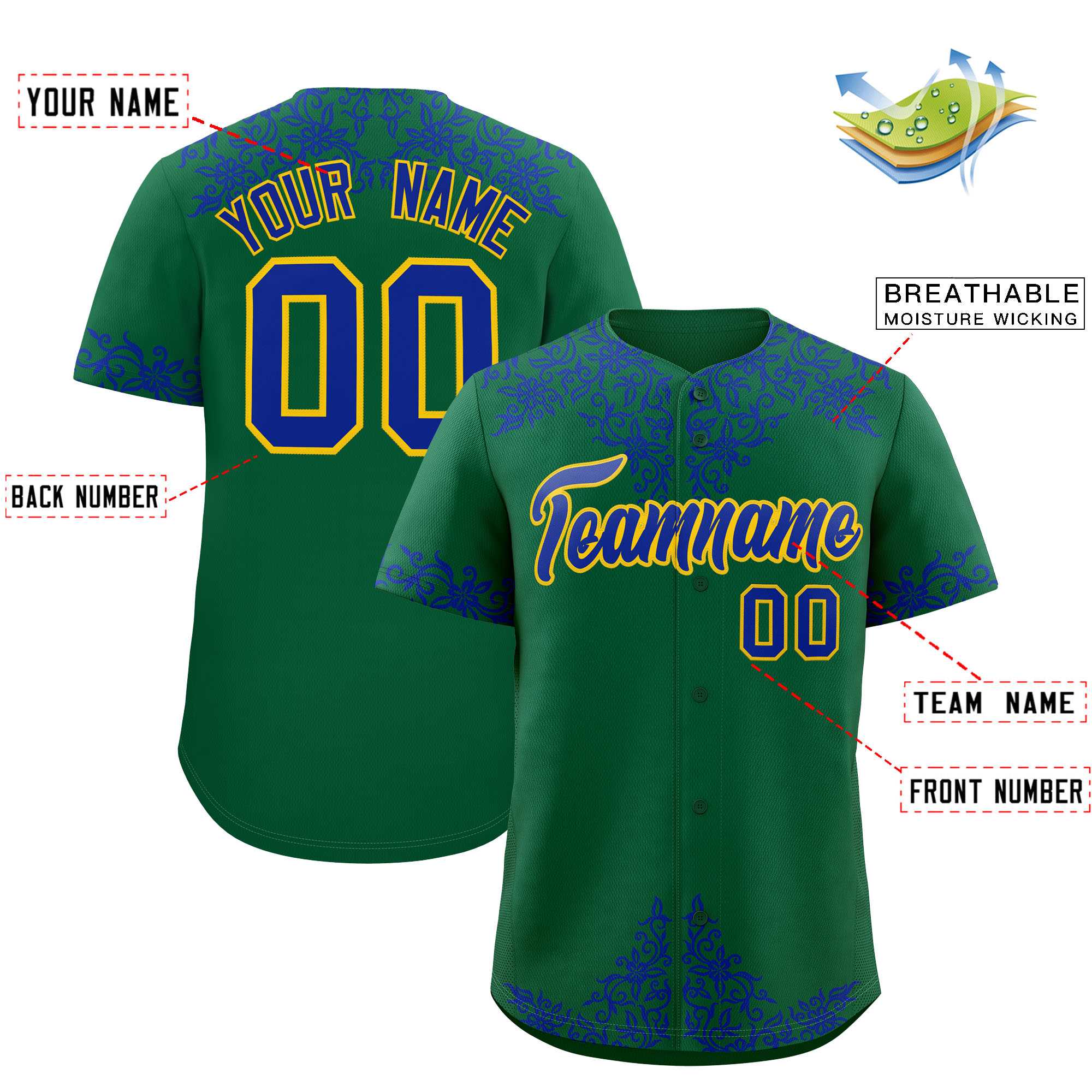 Custom Kelly Green Royal Baroque Style Personalized Baseball Jersey| KXKSHOP