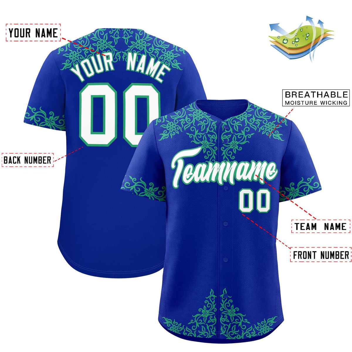 Custom Royal Bright Green Baroque Style Personalized Baseball Jersey| KXKSHOP