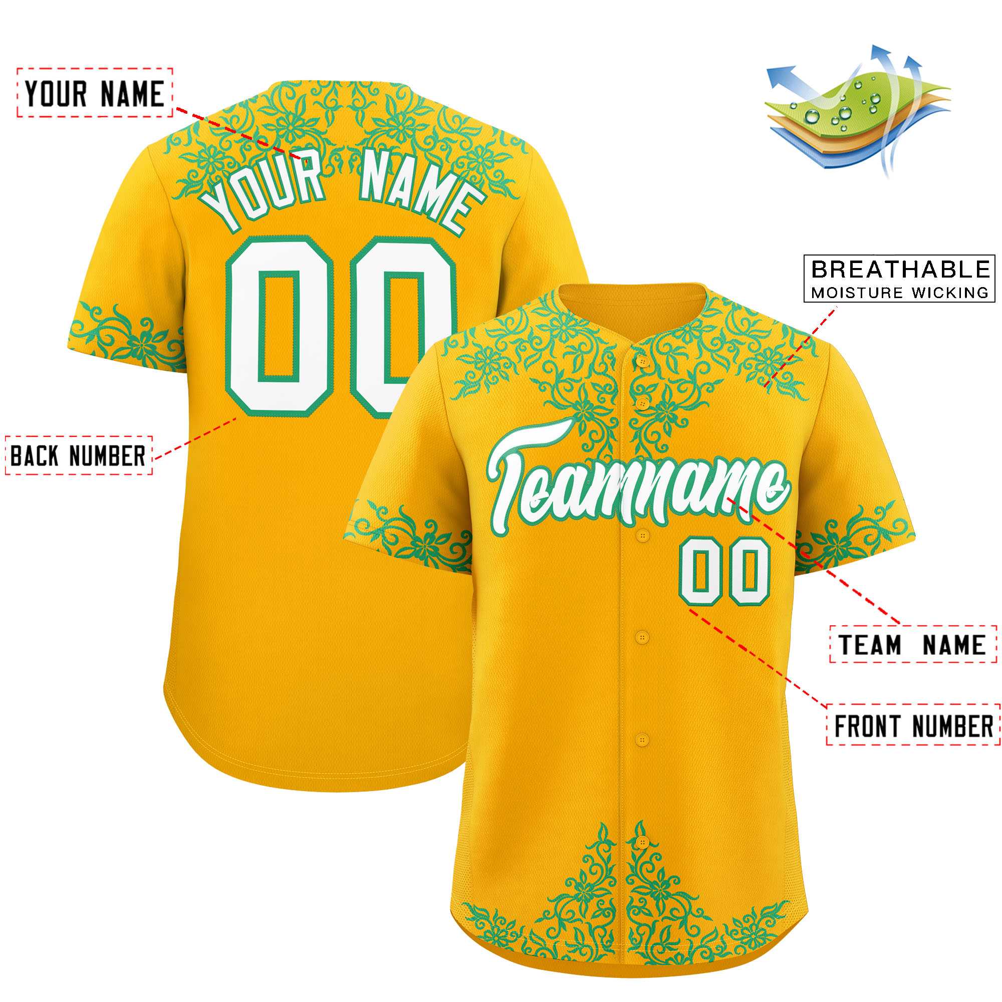 Custom Yellow Bright Green Baroque Style Personalized Baseball Jersey| KXKSHOP