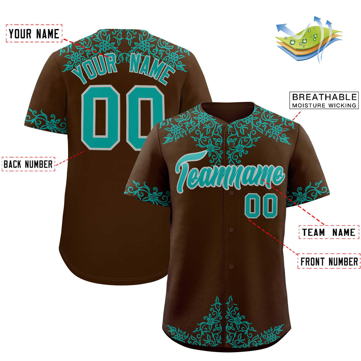 Custom Brown Teal Baroque Style Personalized Baseball Jersey| KXKSHOP