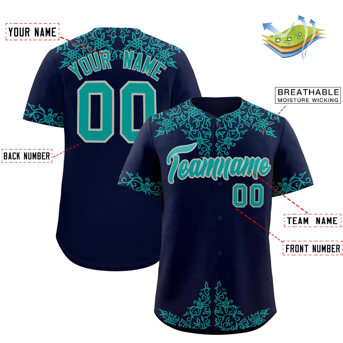 Custom Navy Teal Baroque Style Personalized Baseball Jersey| KXKSHOP