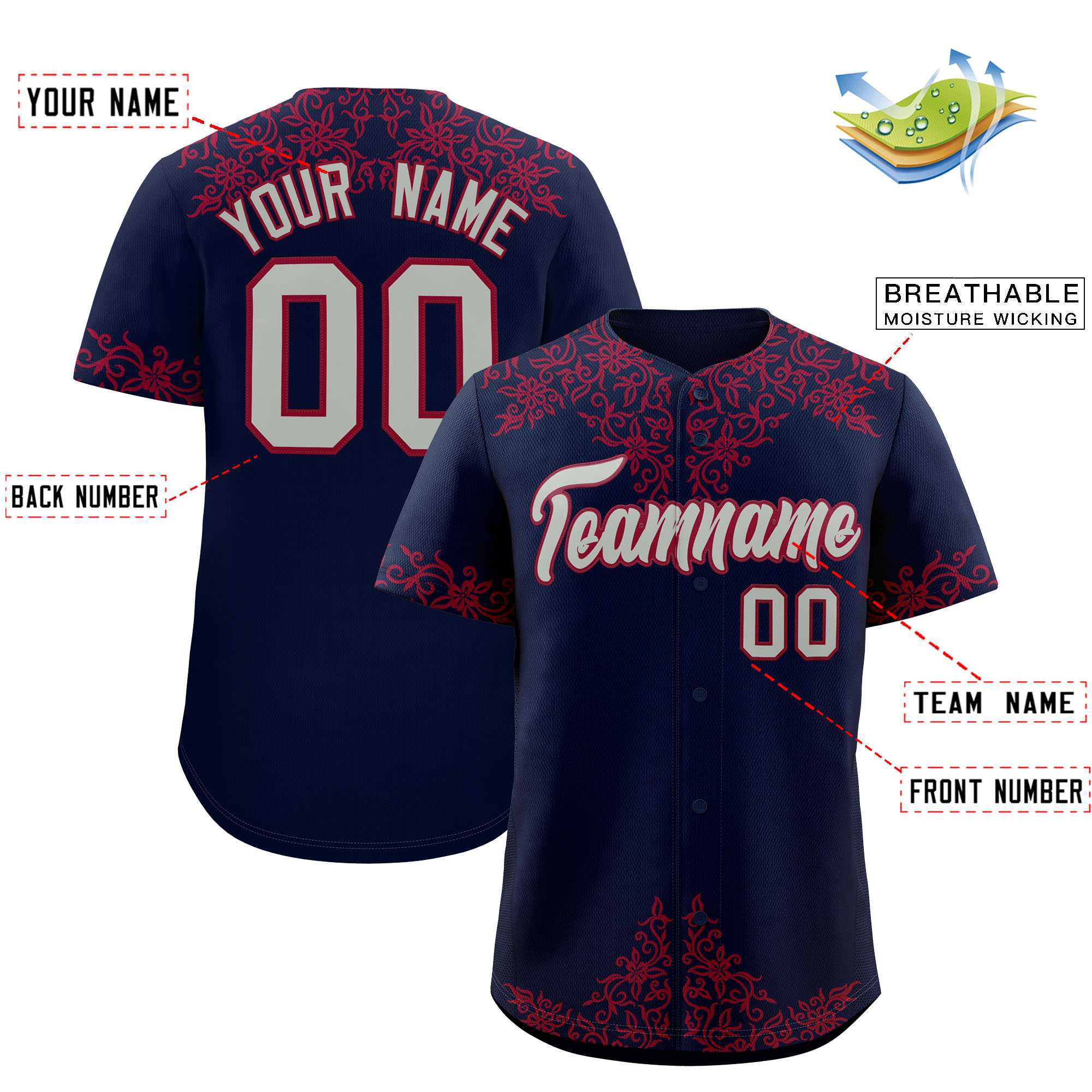 Custom Navy Crimson Baroque Style Personalized Baseball Jersey| KXKSHOP