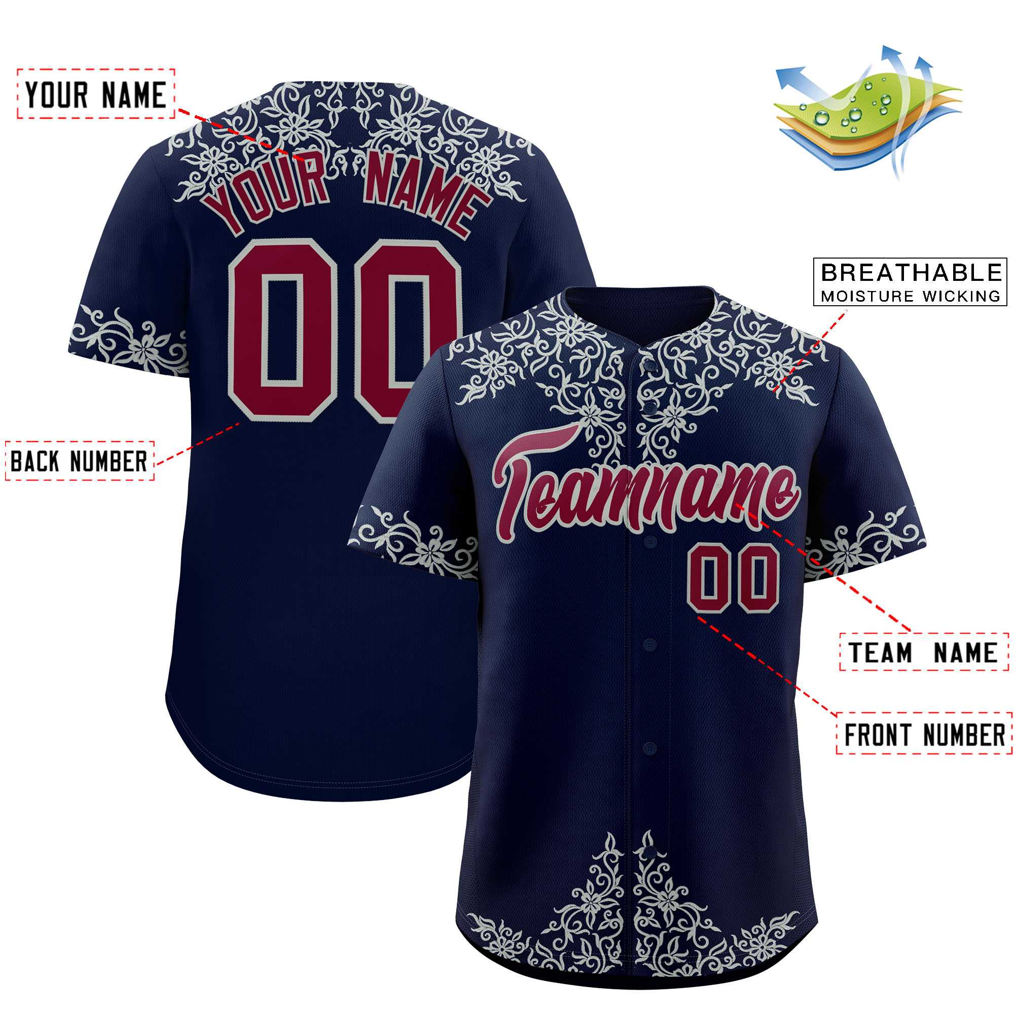 Custom Navy Silver Baroque Style Personalized Baseball Jersey| KXKSHOP