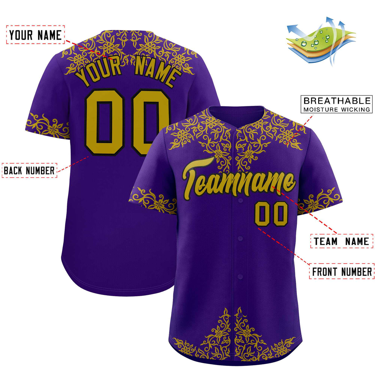 Custom Purple Old Gold Baroque Style Personalized Baseball Jersey| KXKSHOP