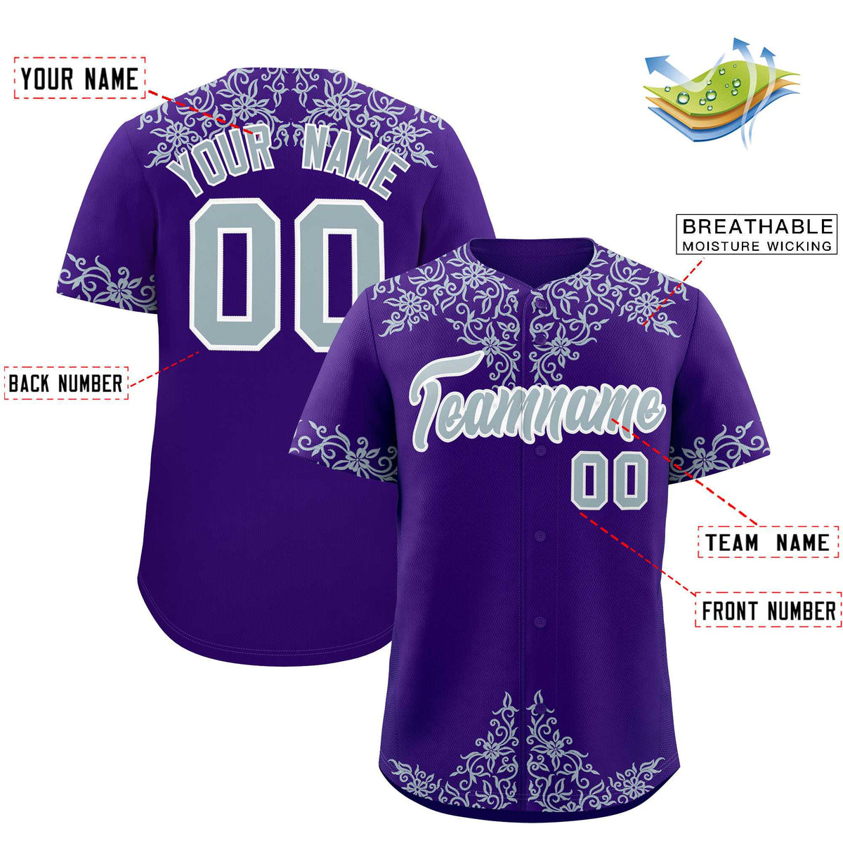 Custom Purple Silver Baroque Style Personalized Baseball Jersey| KXKSHOP