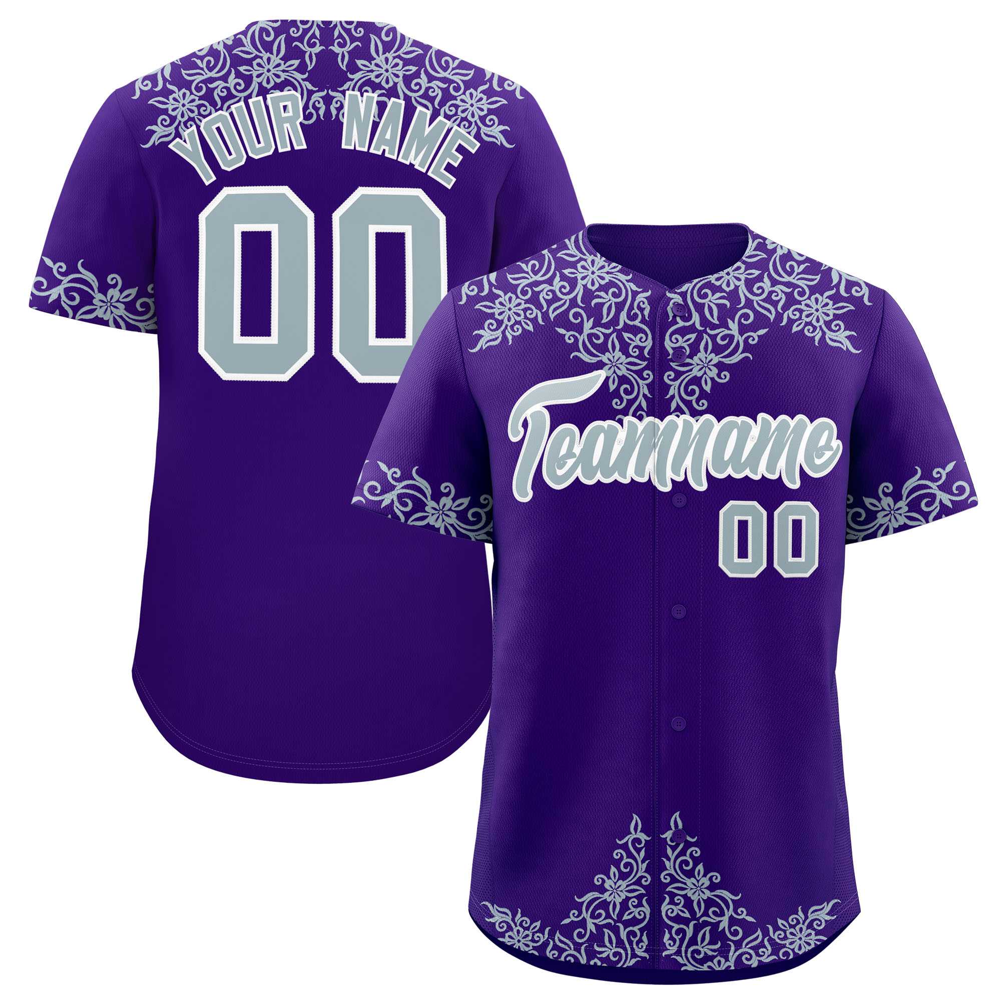 Custom Purple Silver Baroque Style Personalized Baseball Jersey| KXKSHOP
