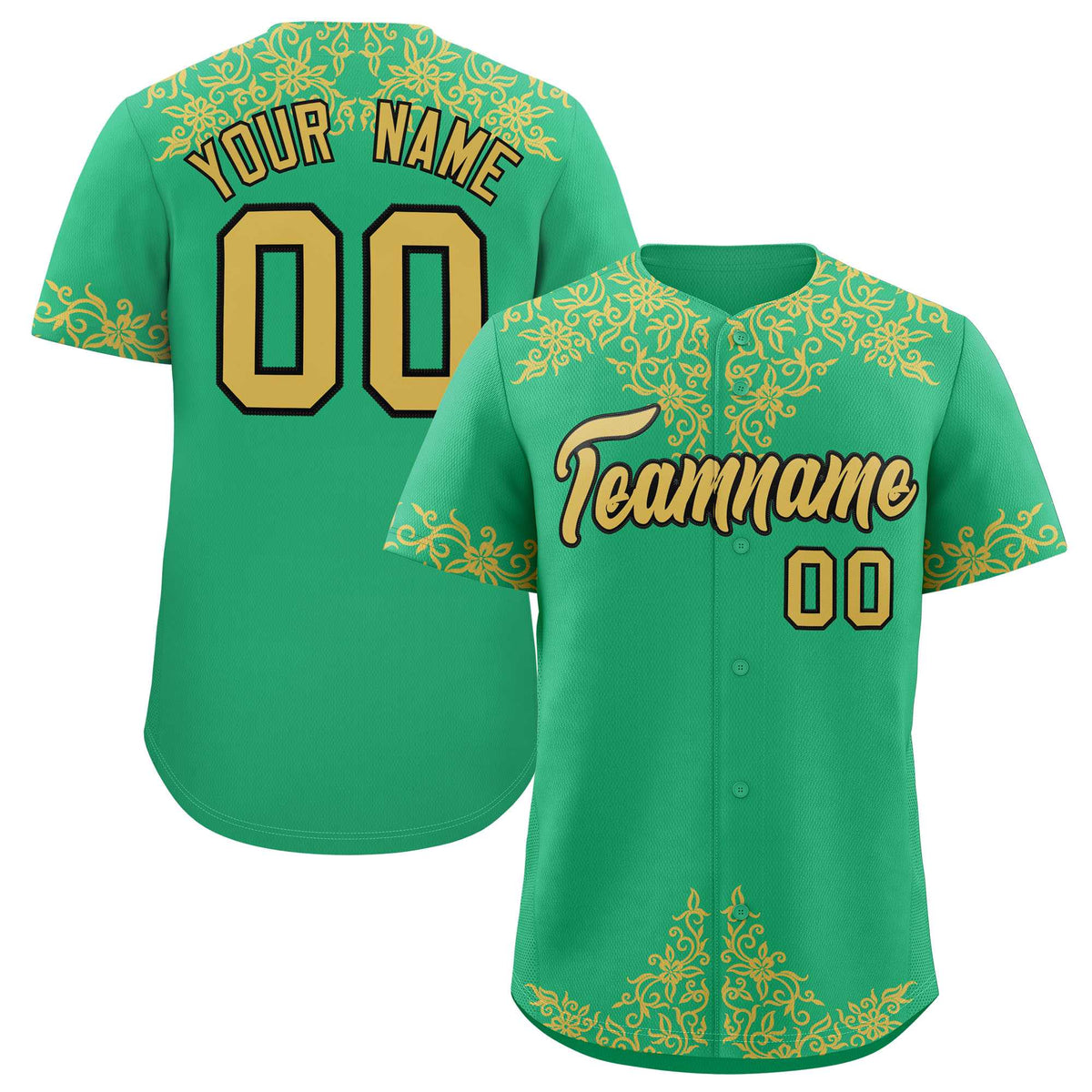 Custom Bright Green Old Gold Baroque Style Personalized Baseball Jersey| KXKSHOP