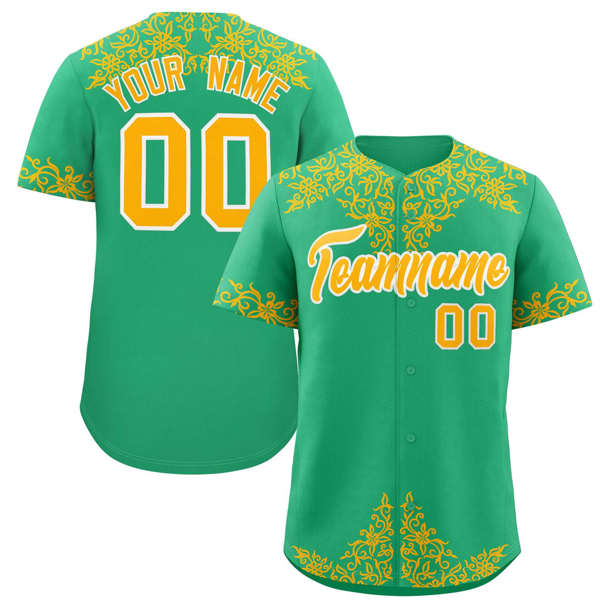 Custom Bright Green Gold Baroque Style Personalized Baseball Jersey| KXKSHOP