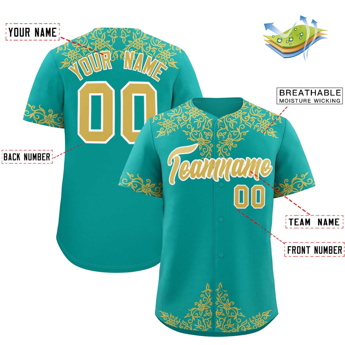 Custom Aqua Old Gold Baroque Style Personalized Baseball Jersey| KXKSHOP