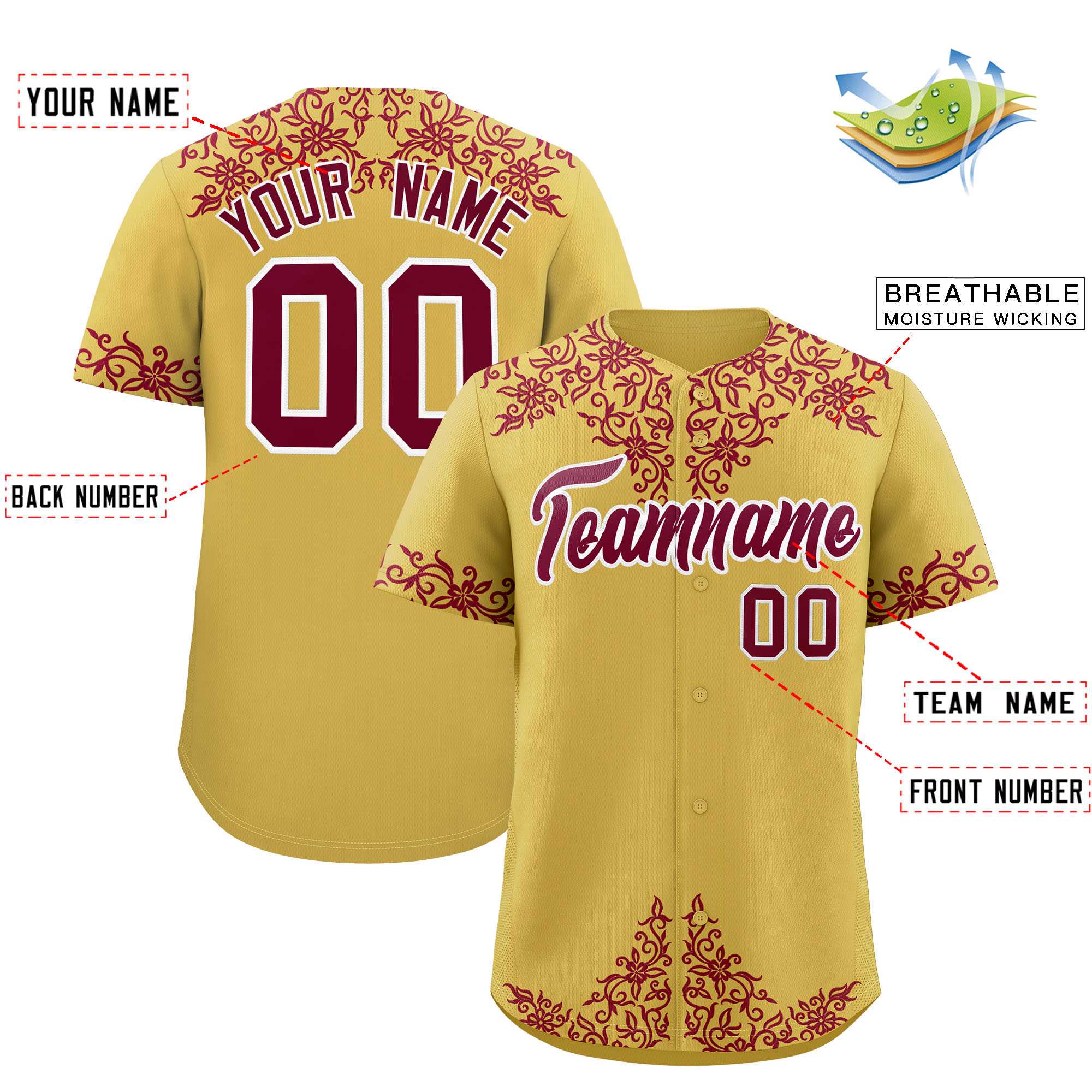 Custom Old Gold Crimson Baroque Style Personalized Baseball Jersey| KXKSHOP