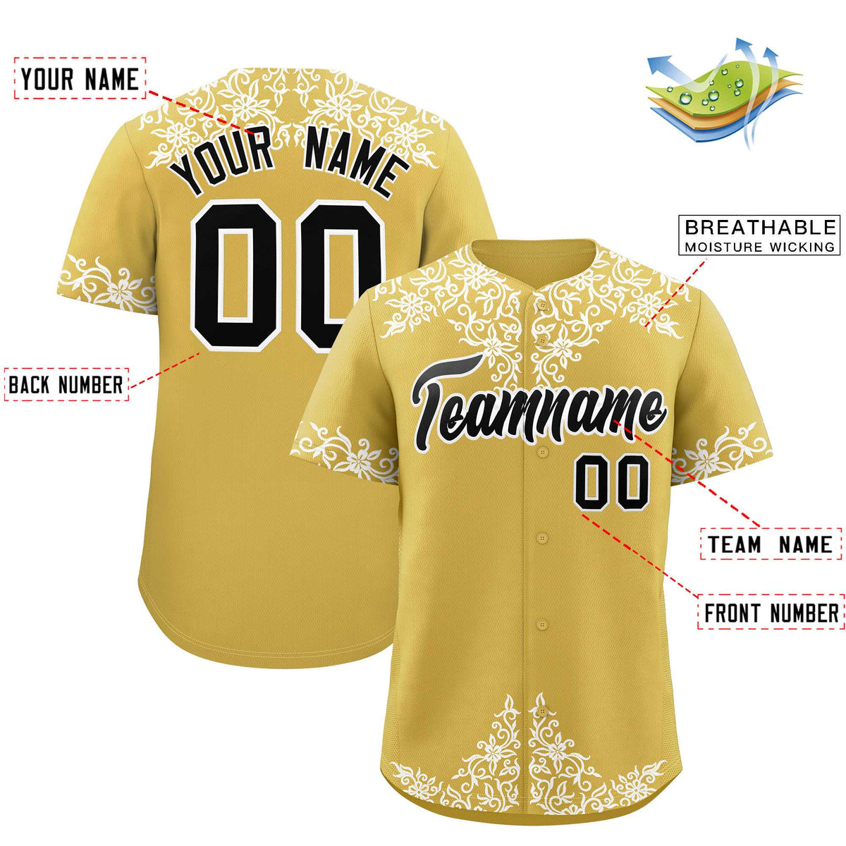 Custom Old Gold White Baroque Style Personalized Baseball Jersey| KXKSHOP