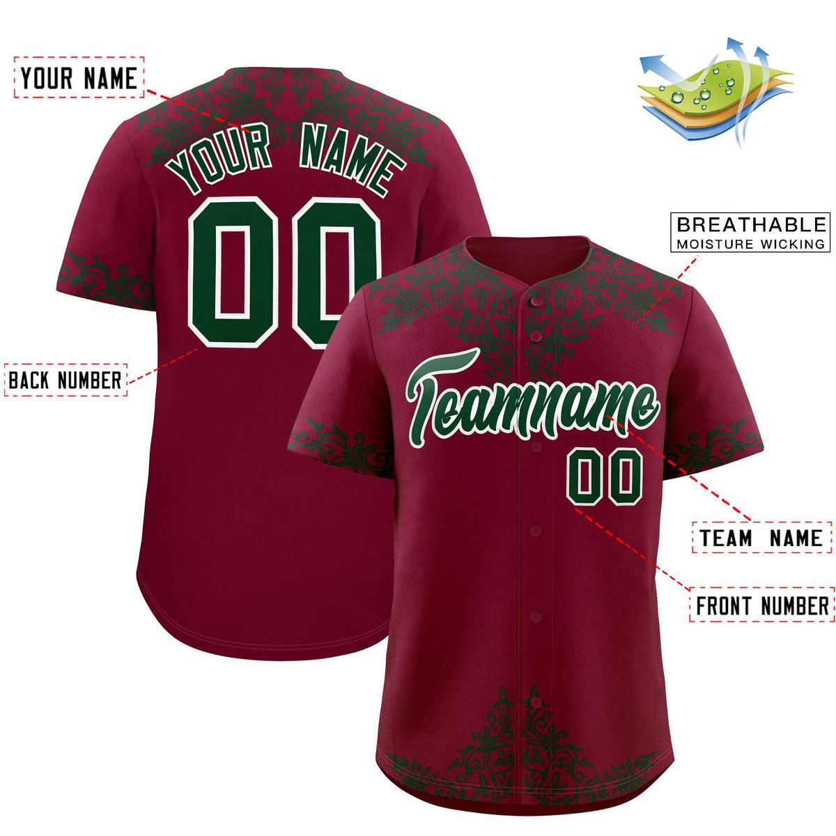 Custom Crimson Green Baroque Style Personalized Baseball Jersey| KXKSHOP