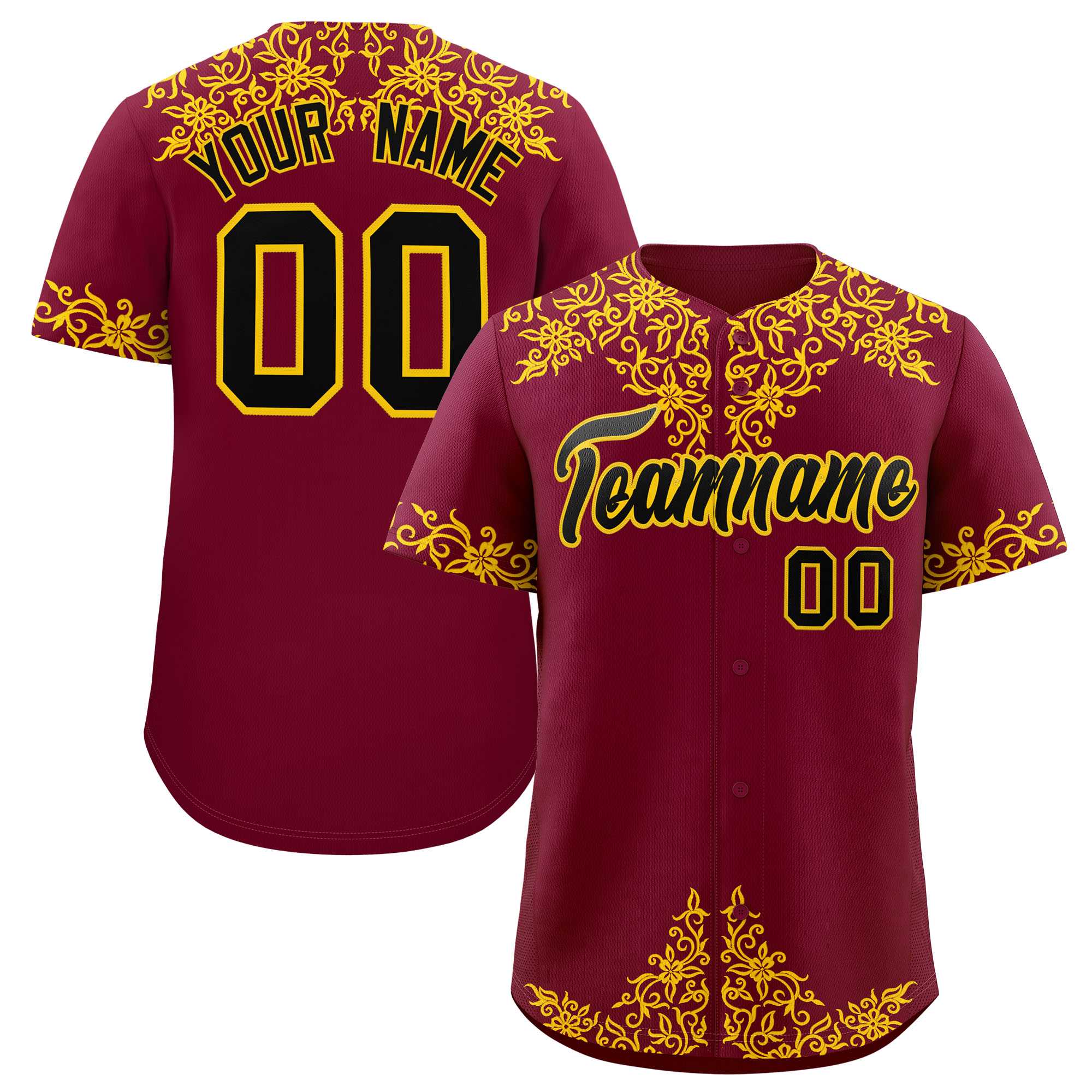 Custom Crimson Yellow Baroque Style Personalized Baseball Jersey| KXKSHOP