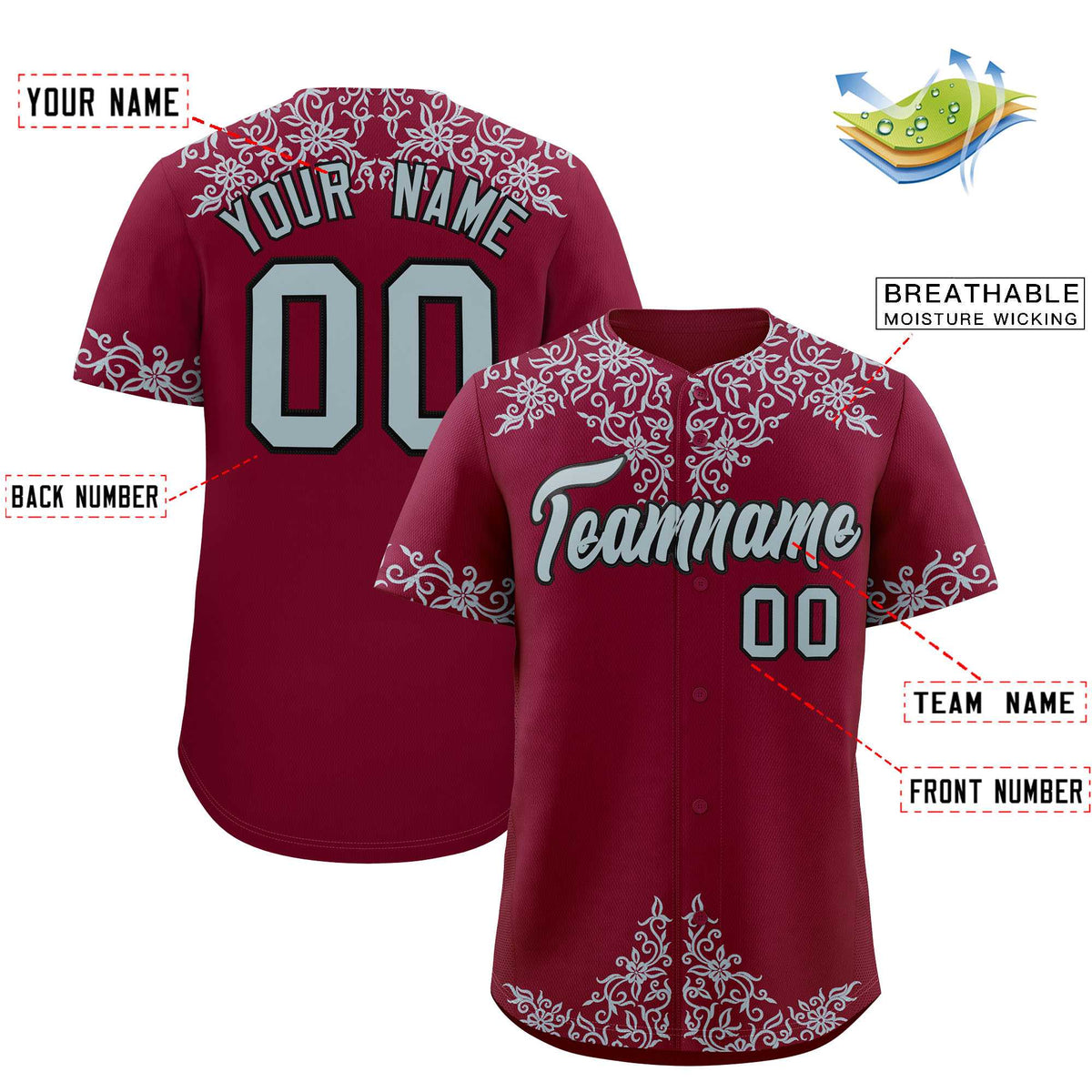 Custom Crimson Silver Baroque Style Personalized Baseball Jersey| KXKSHOP