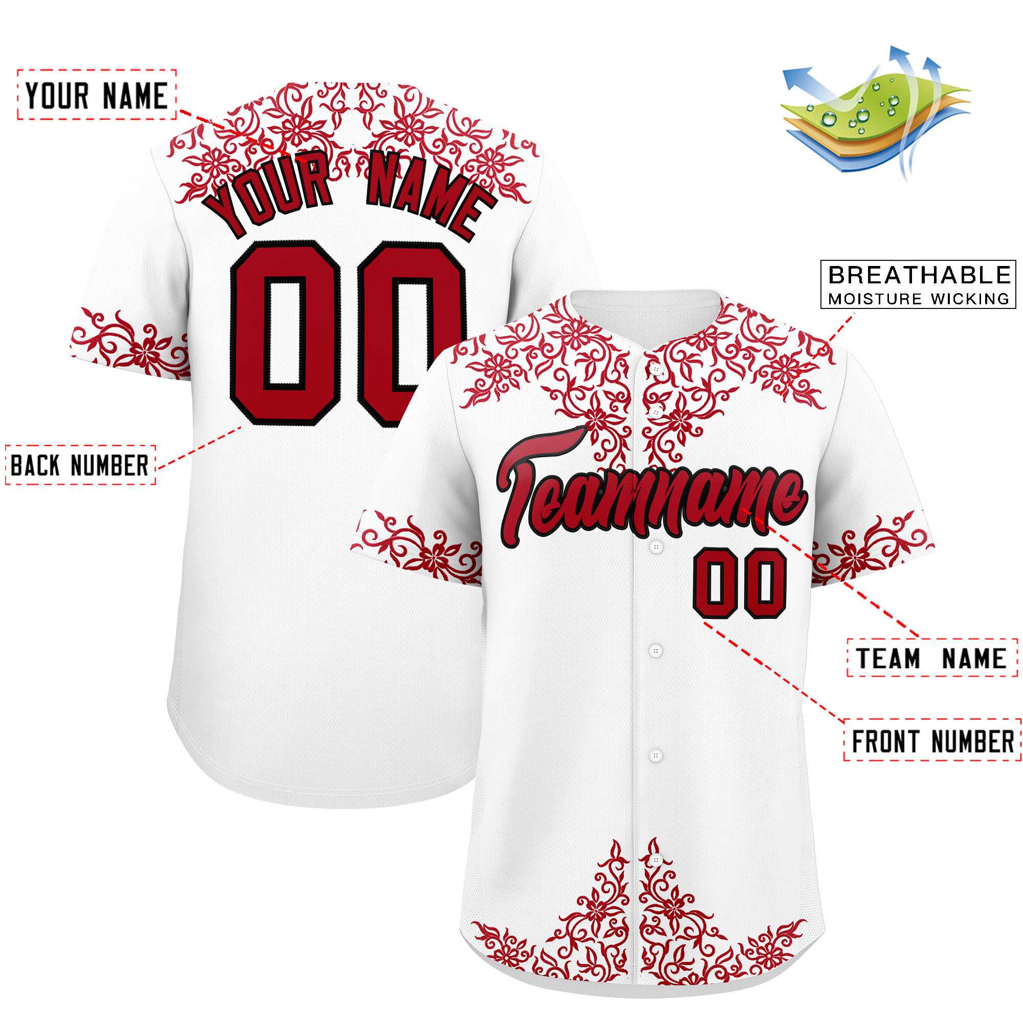 Custom White Red Baroque Style Personalized Baseball Jersey| KXKSHOP
