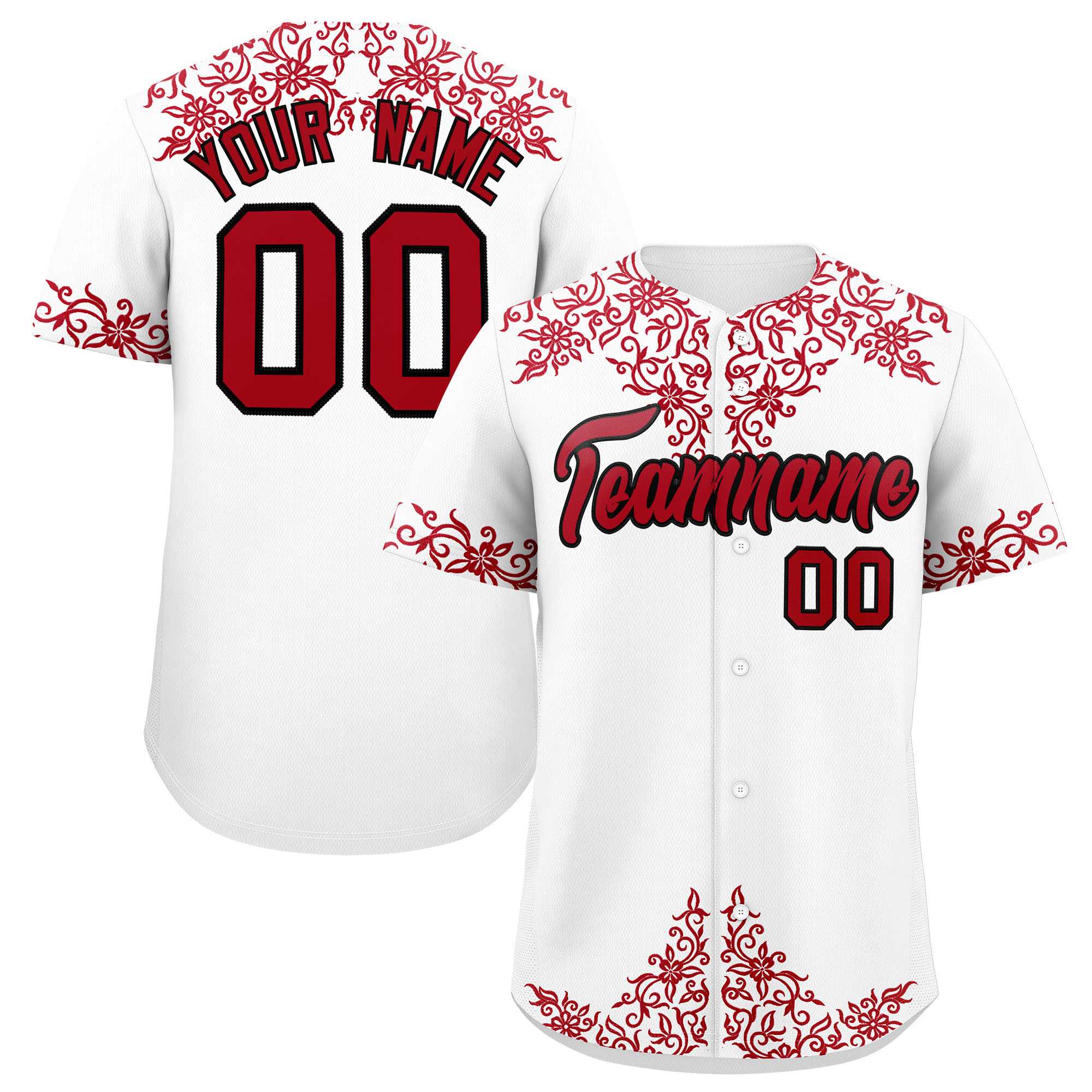 Custom White Red Baroque Style Personalized Baseball Jersey| KXKSHOP