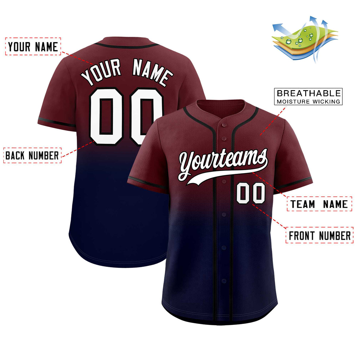 Custom Burgundy Navy Gradient Fashion Authentic Baseball Jersey
