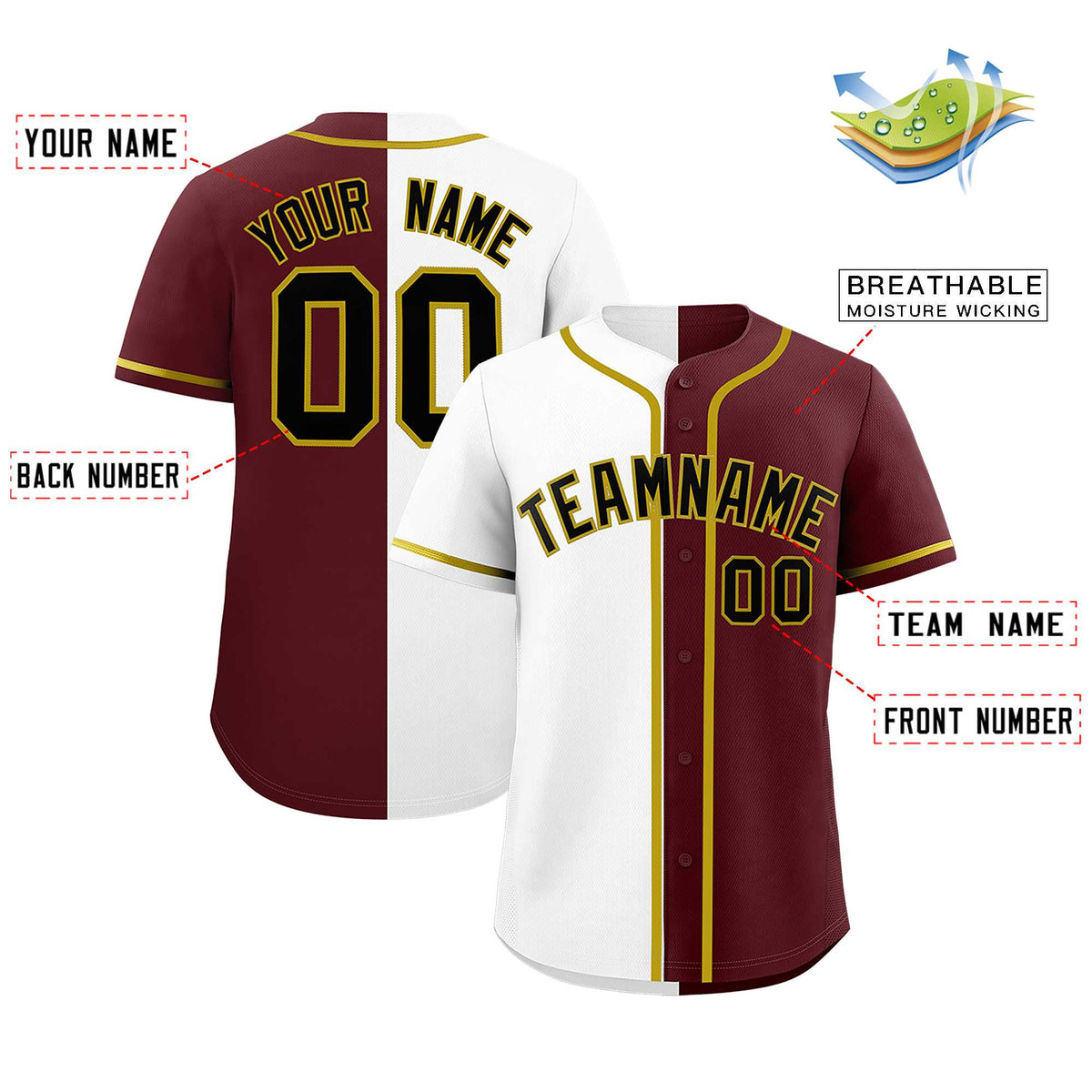 Custom White Burgundy Split Fashion Authentic Baseball Jersey