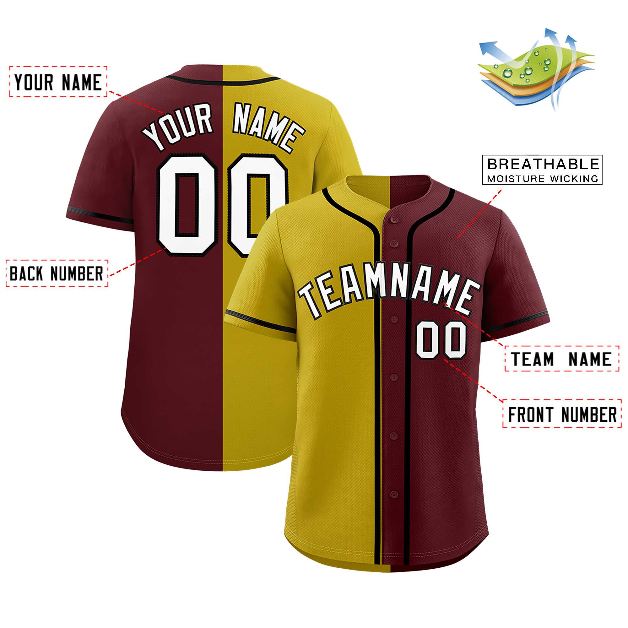 Custom Old Gold Burgundy Split Fashion Authentic Baseball Jersey