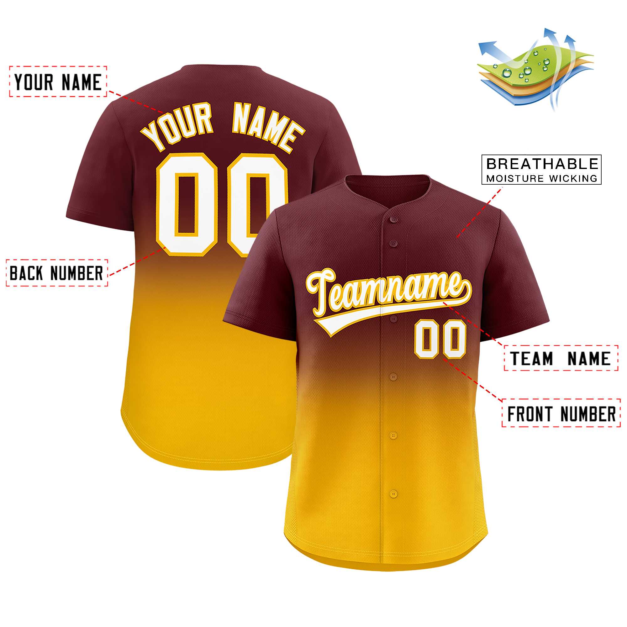 Custom Burgundy Yellow Gradient Fashion Authentic Baseball Jersey