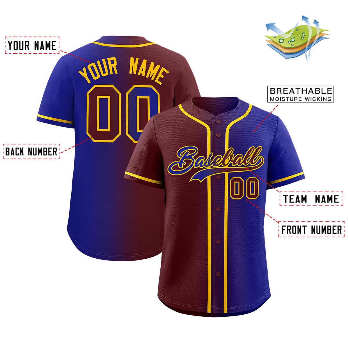 Custom Burgundy Royal Two Tone Gradient Fashion Authentic Baseball Jersey