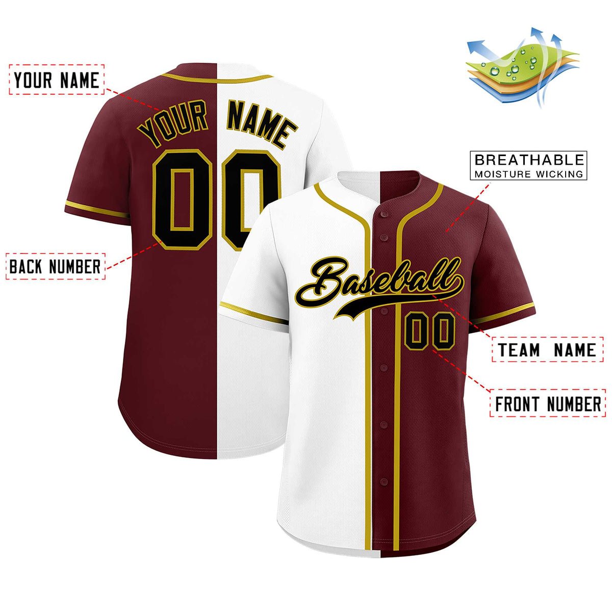 Custom White Burgundy Split Fashion Authentic Baseball Jersey