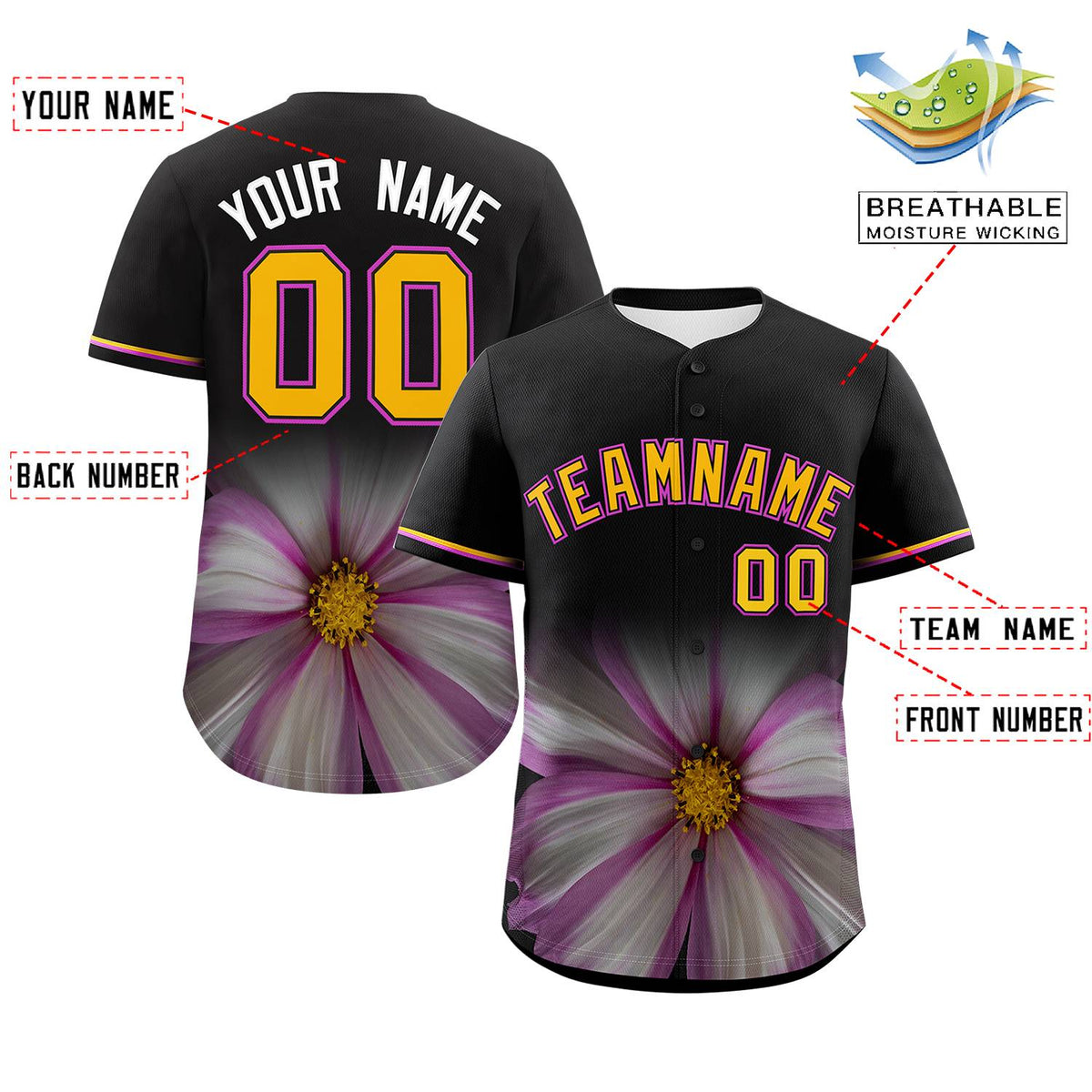 Custom Black Personalized 3D Flower Design Authentic Baseball Jersey | KXKSHOP