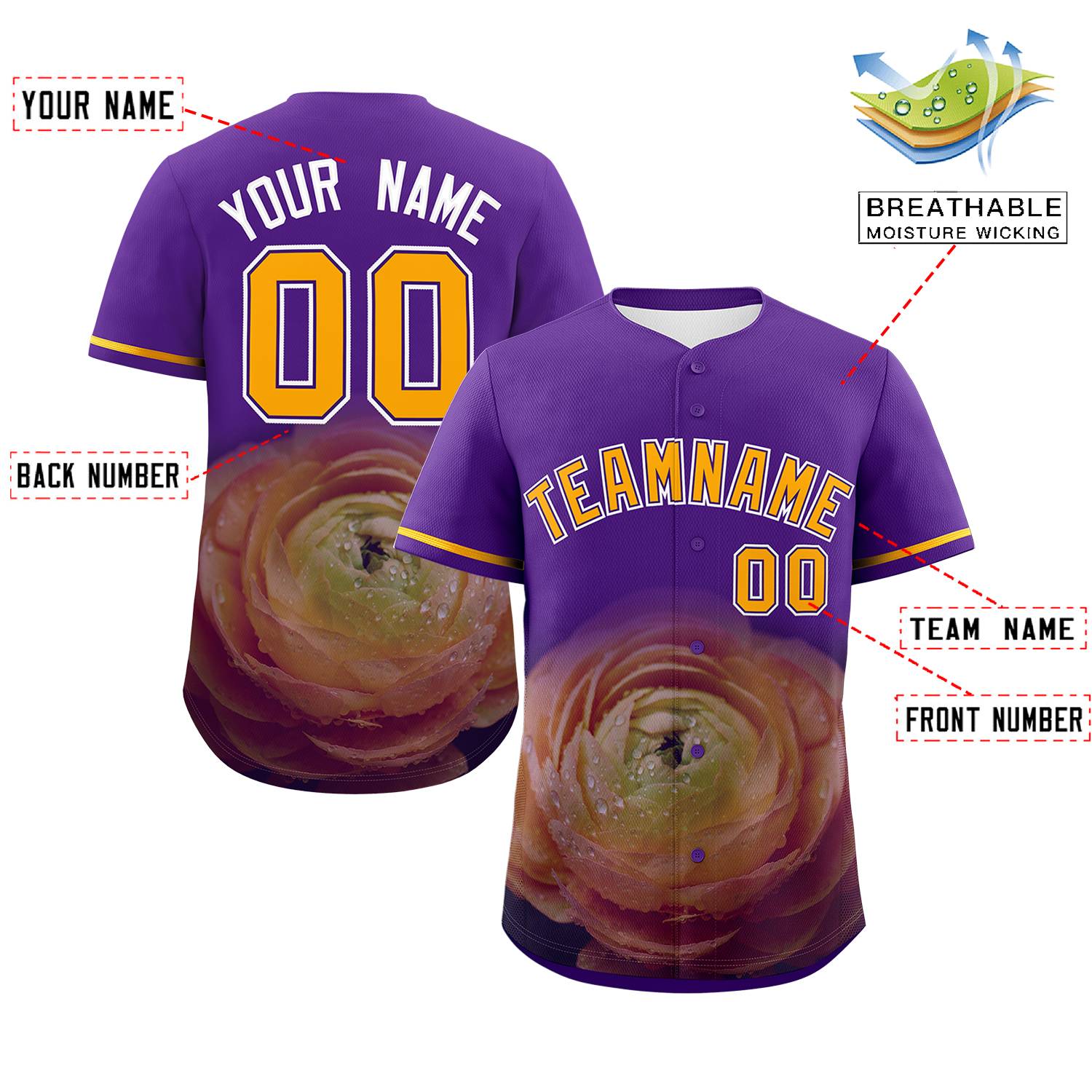Custom Purple Personalized 3D Flower Design Authentic Baseball Jersey | KXKSHOP