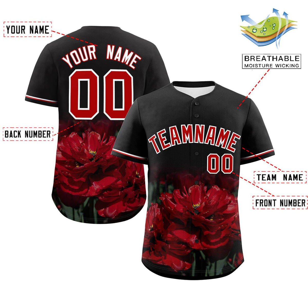 Custom Black Personalized 3D Flower Design Authentic Baseball Jersey | KXKSHOP