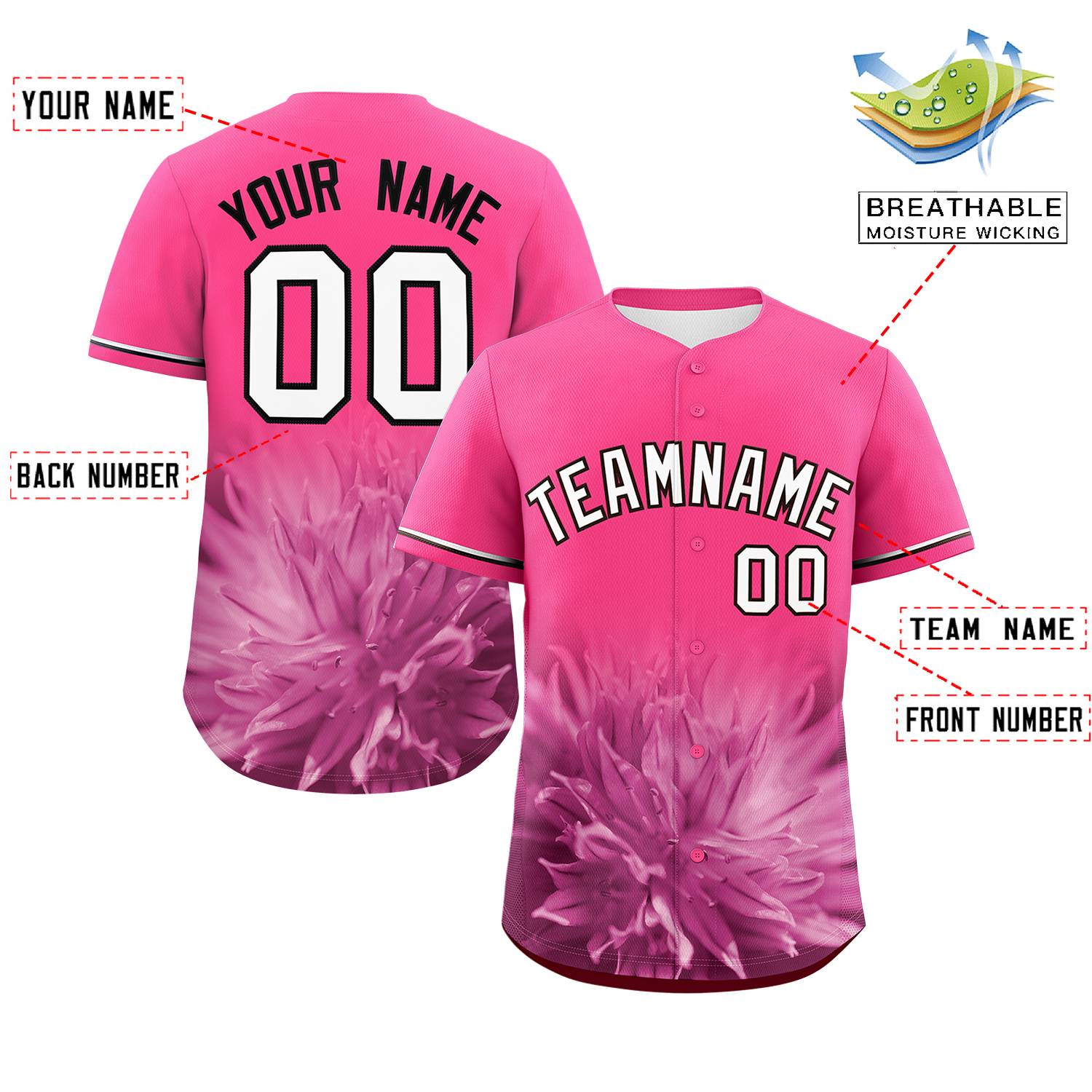 Custom Pink Personalized 3D Flower Design Authentic Baseball Jersey | KXKSHOP