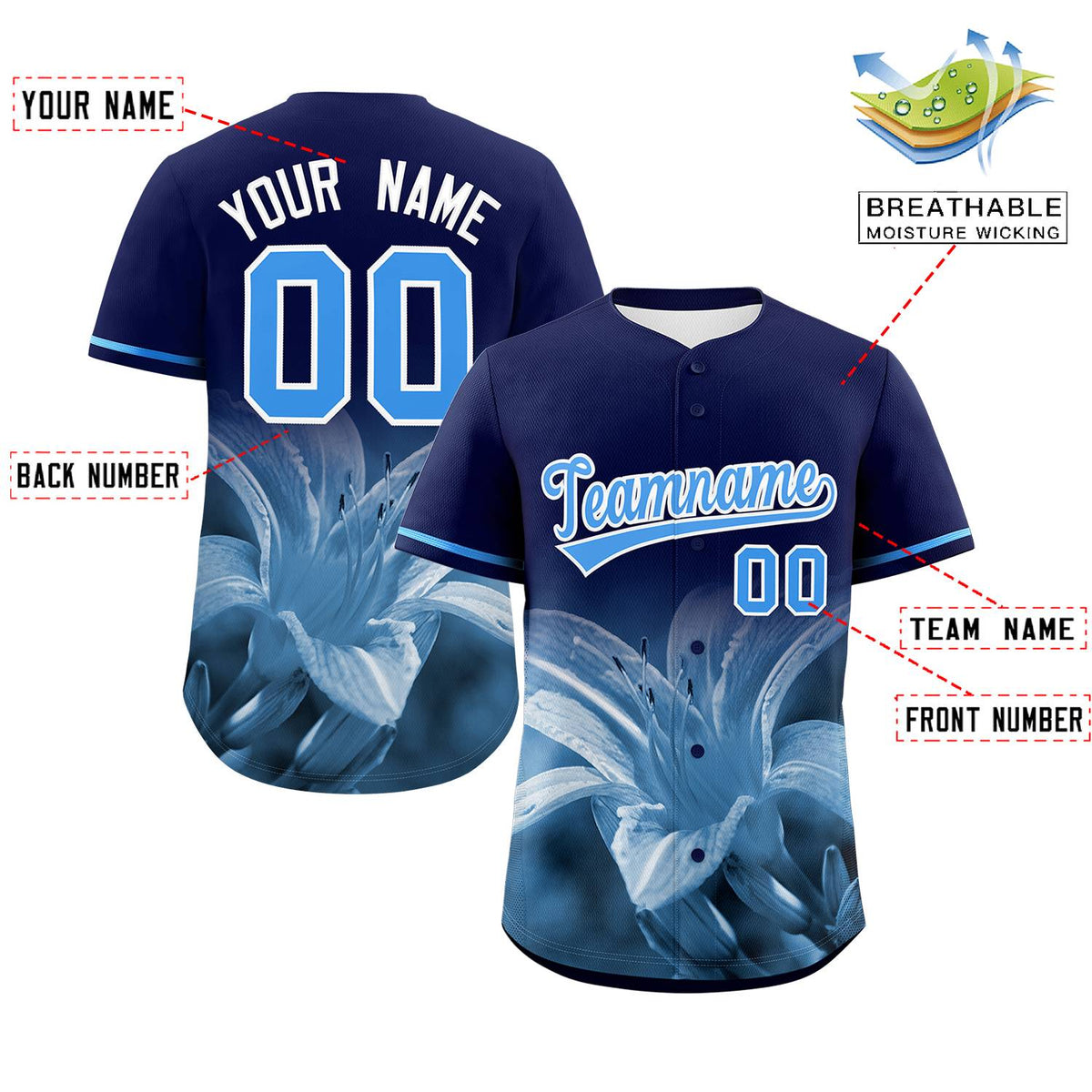 Custom Navy Personalized 3D Flower Design Authentic Baseball Jersey | KXKSHOP