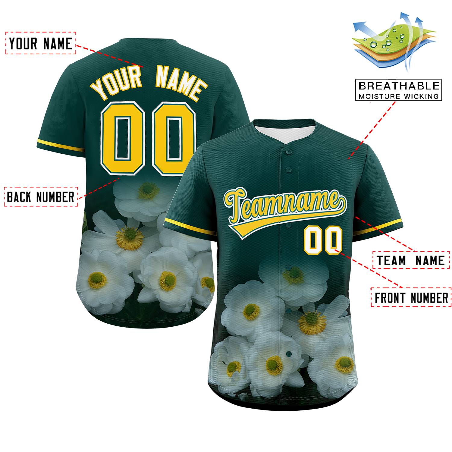 Custom Green Personalized 3D Flower Design Authentic Baseball Jersey | KXKSHOP