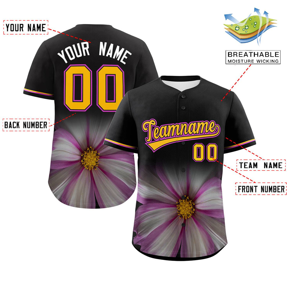 Custom Black Personalized 3D Flower Design Authentic Baseball Jersey | KXKSHOP