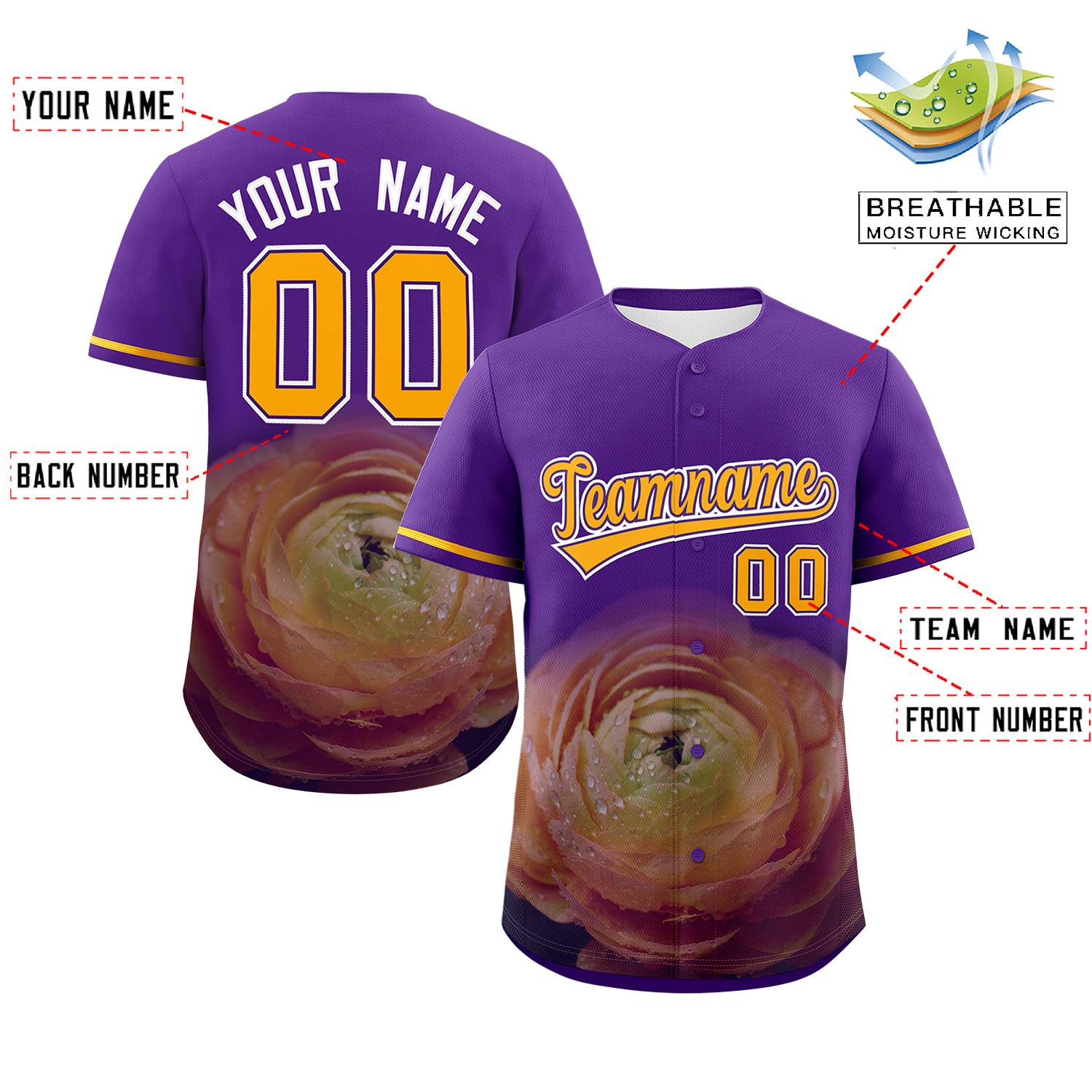 Custom Purple Personalized 3D Flower Design Authentic Baseball Jersey | KXKSHOP