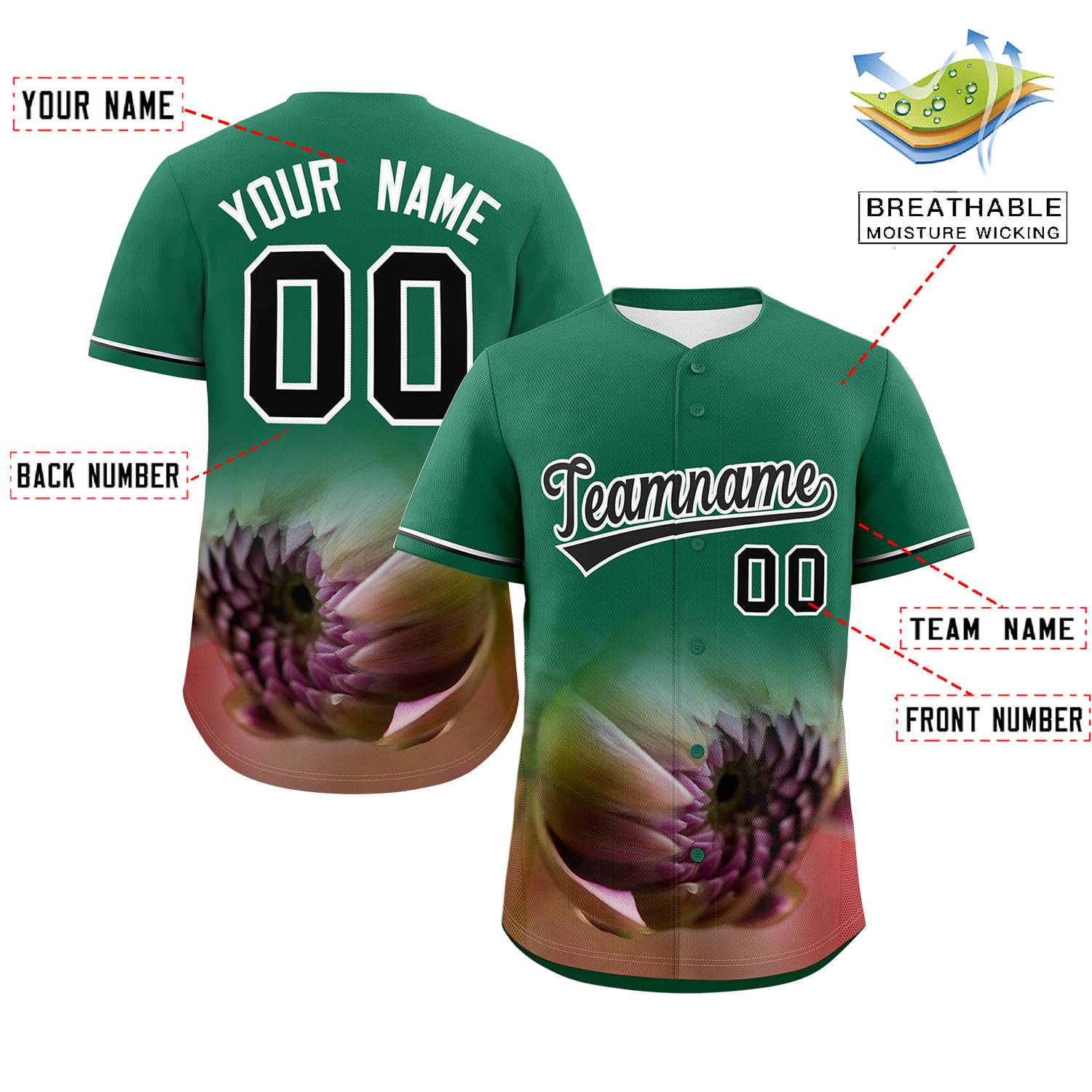 Custom Kelly Green Personalized 3D Flower Design Authentic Baseball Jersey | KXKSHOP