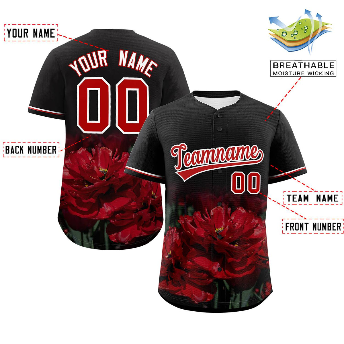 Custom Black Personalized 3D Flower Design Authentic Baseball Jersey | KXKSHOP