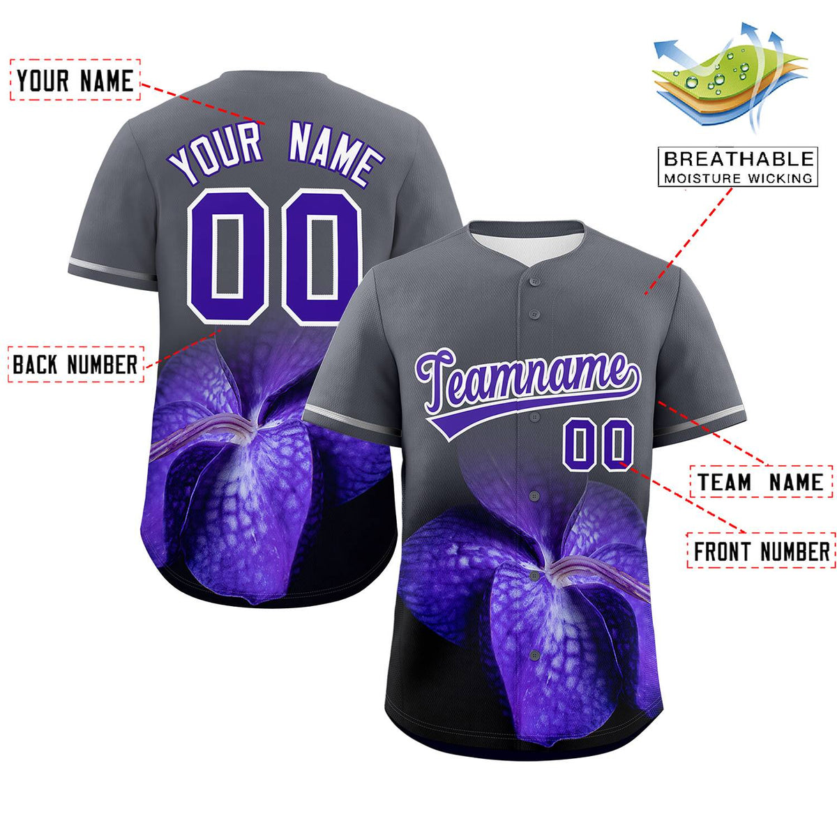 Custom Dark Gray Personalized 3D Flower Design Authentic Baseball Jersey | KXKSHOP